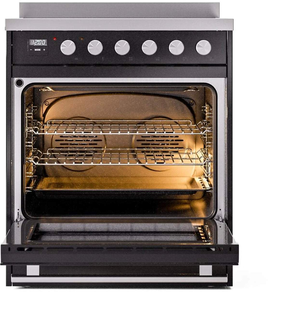 Black induction range with open oven door showing wire racks and back heating element