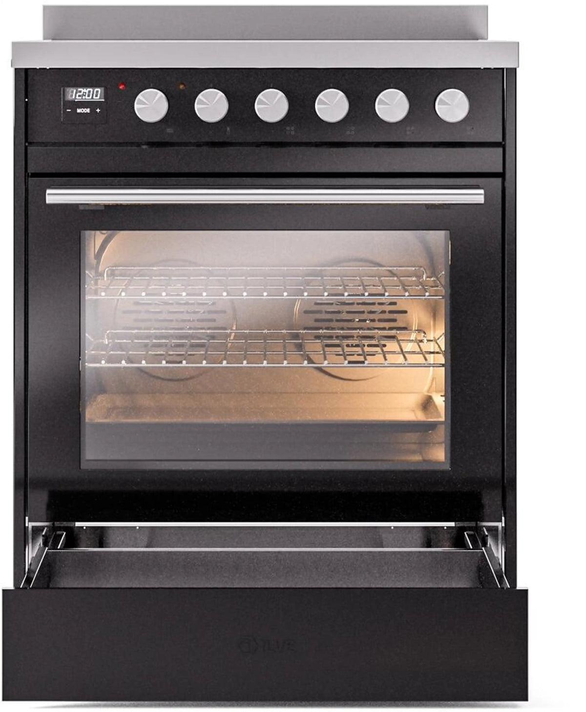Black induction range with open oven door and illuminated interior racks