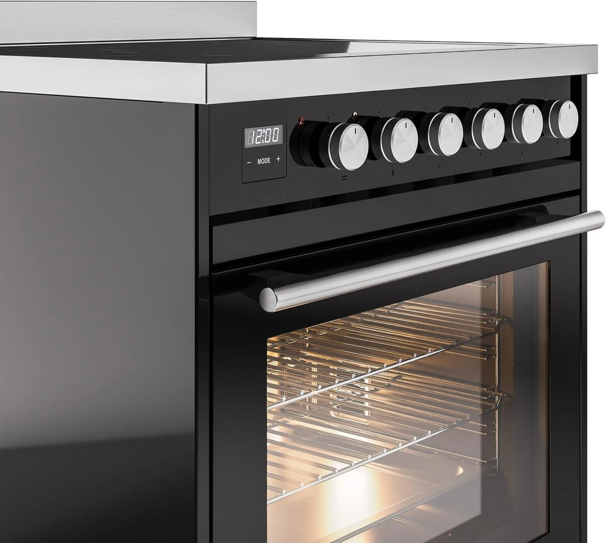 Black induction range control area with round knobs above glass oven door