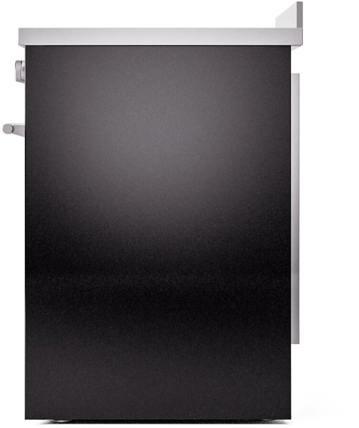 Glossy black induction range front with right-side handle and smooth door panel