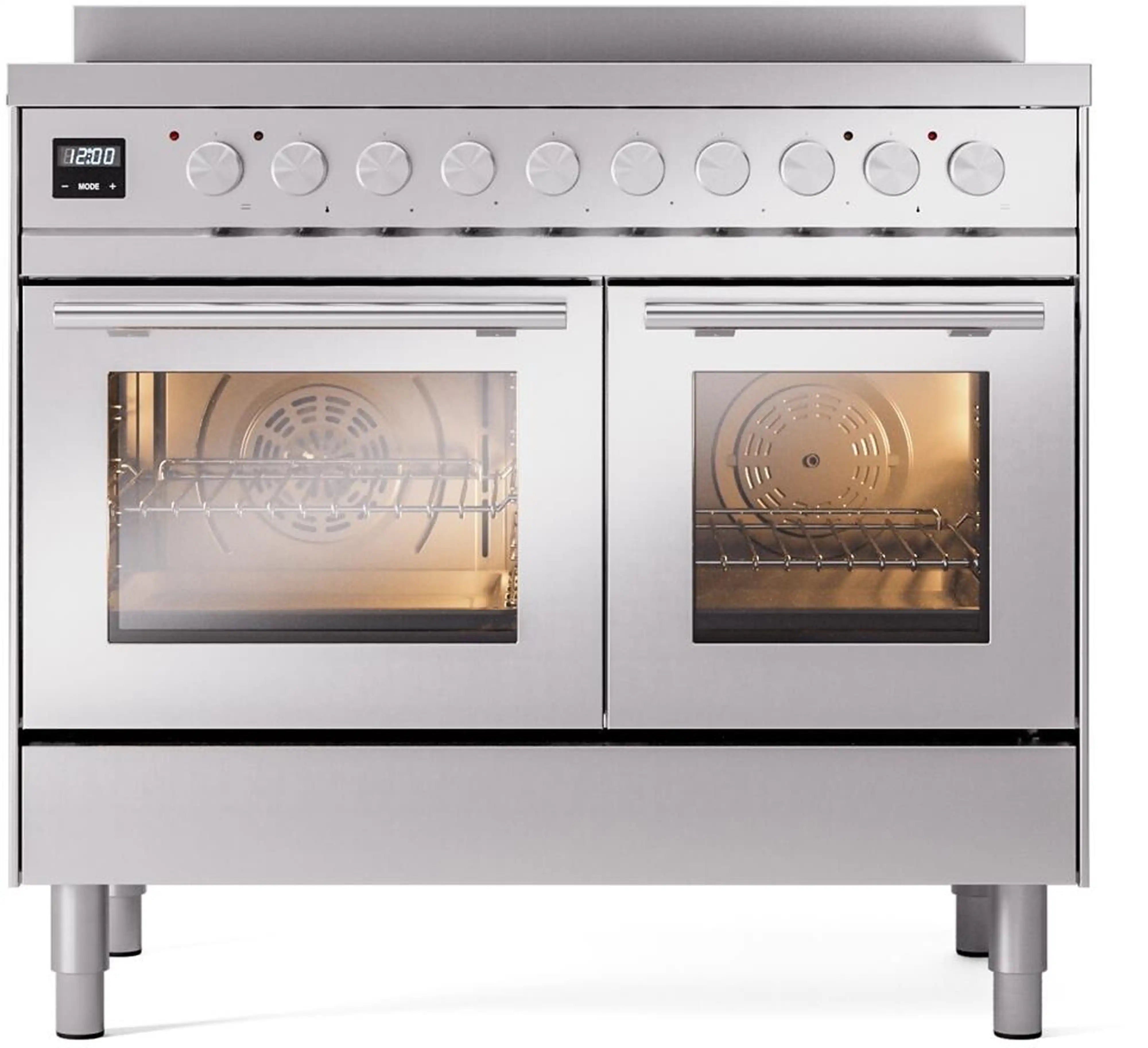 Stainless steel induction range with control knobs and two open glass oven doors