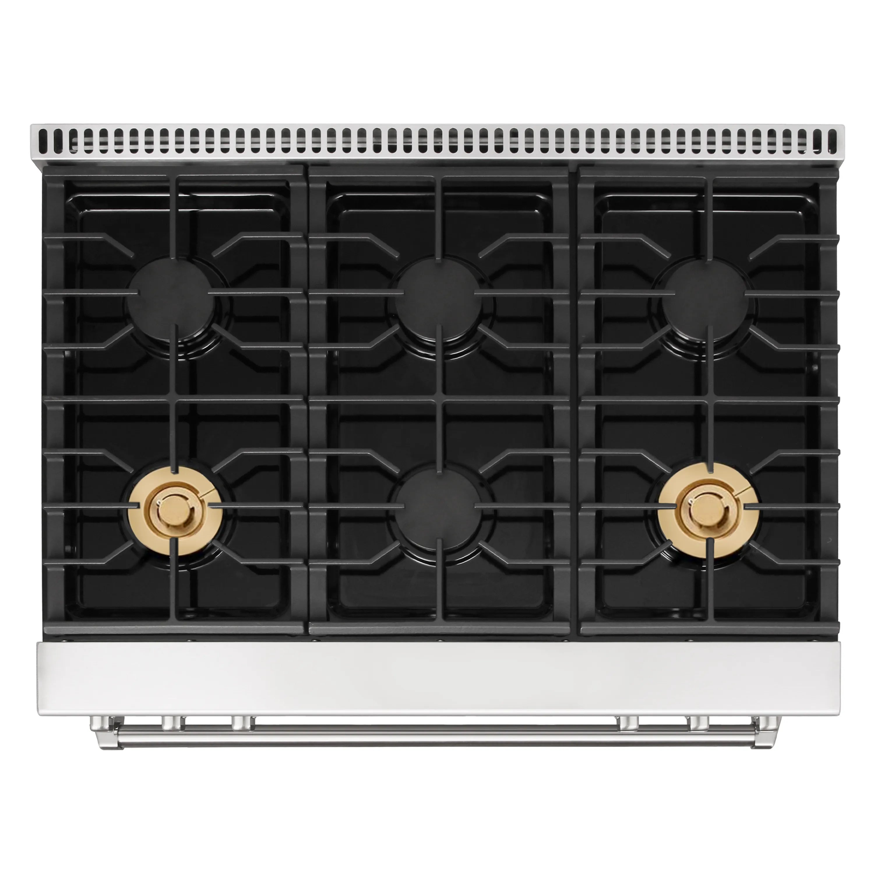Black cooktop grates with four burners and brass-colored burner caps
