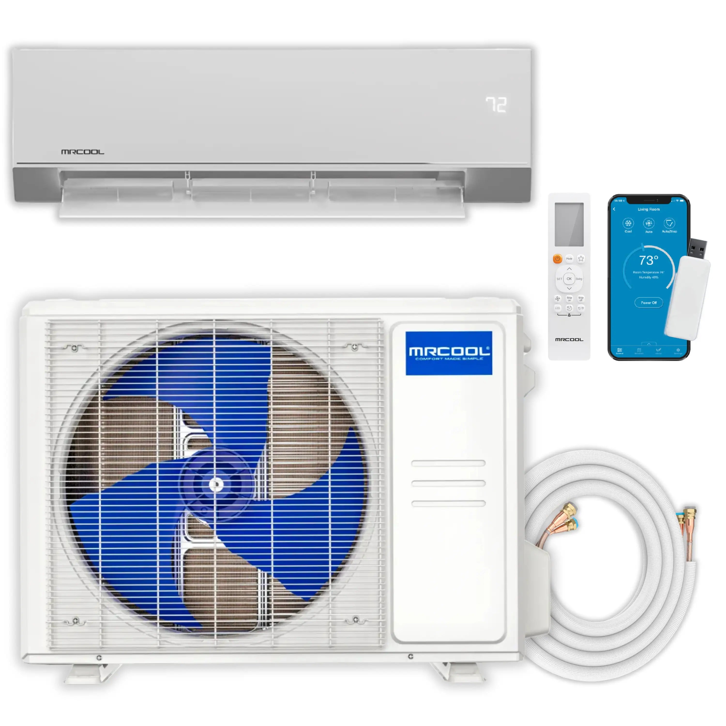 Mini split indoor unit, outdoor condenser, thermostat remote, and connection cable