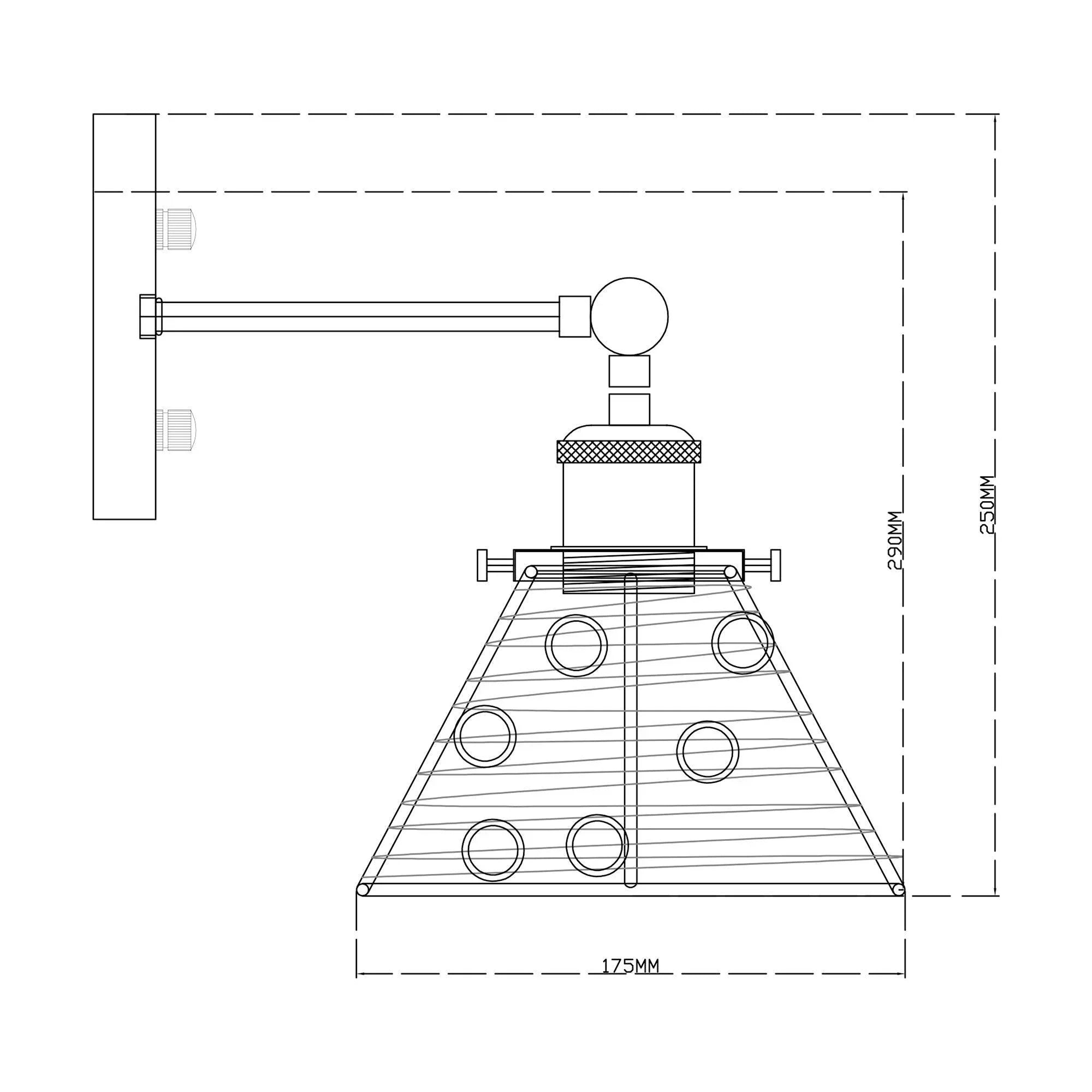 Wall sconce dimensions diagram showing silver arm and wire cage shade size