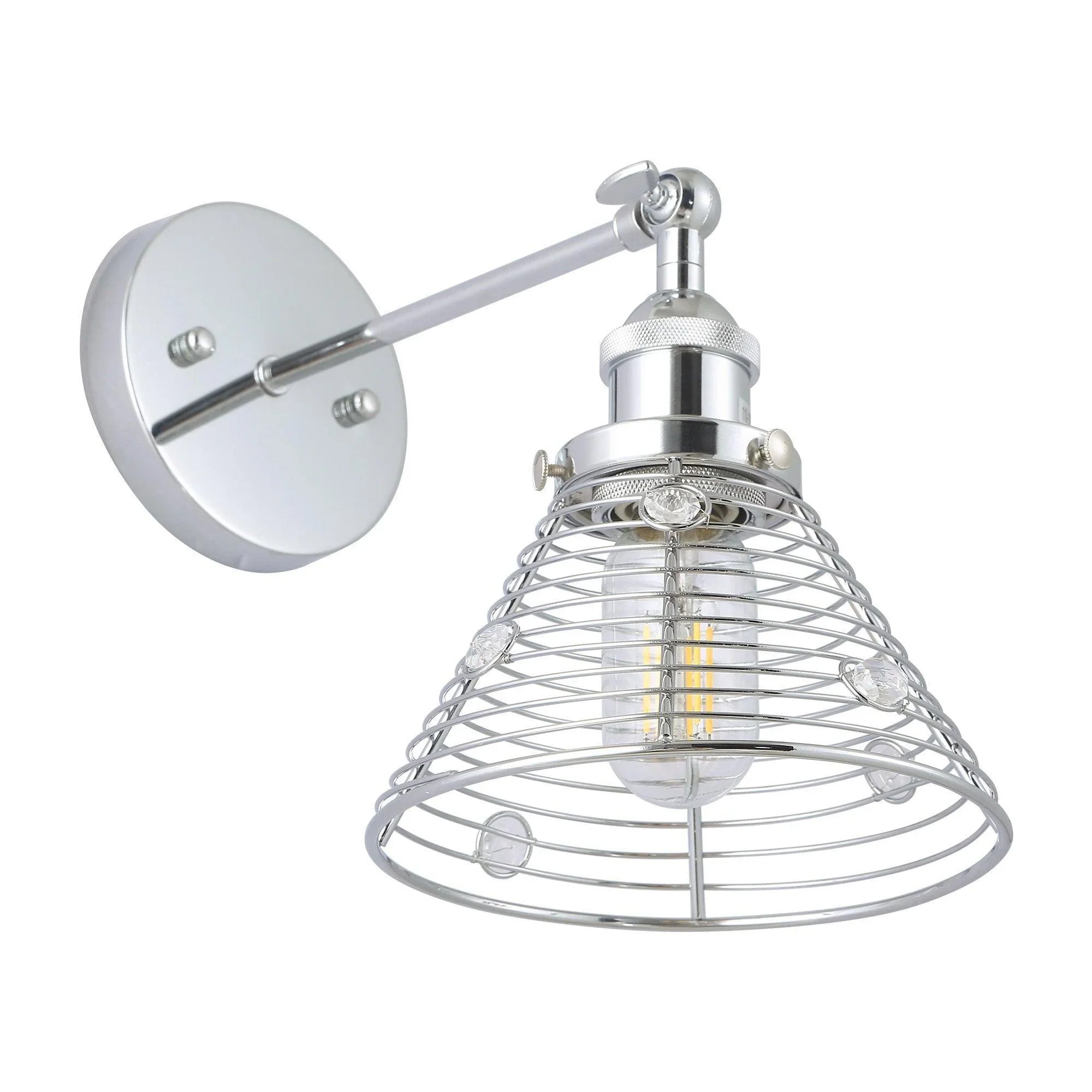 Silver wall sconce with long bar arm and wire cage shade over a lit bulb