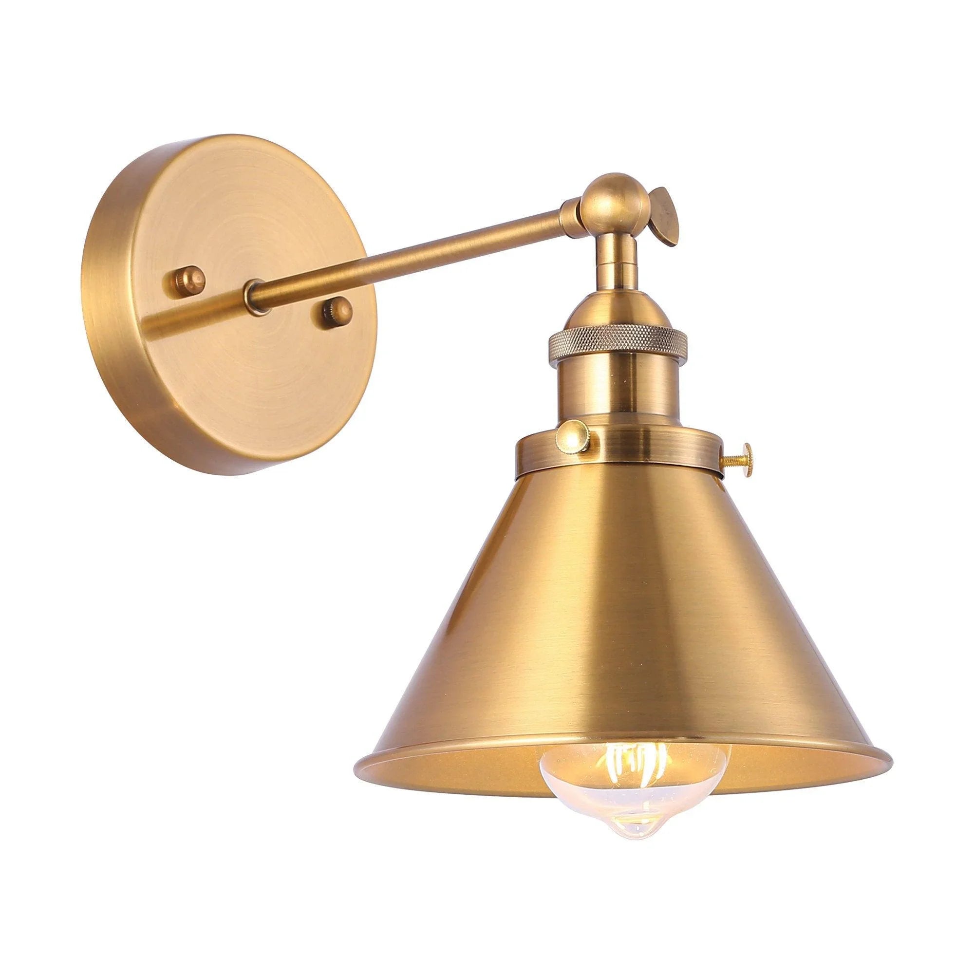 Golden brass wall sconce with round mounting plate, straight arm, and bell shade