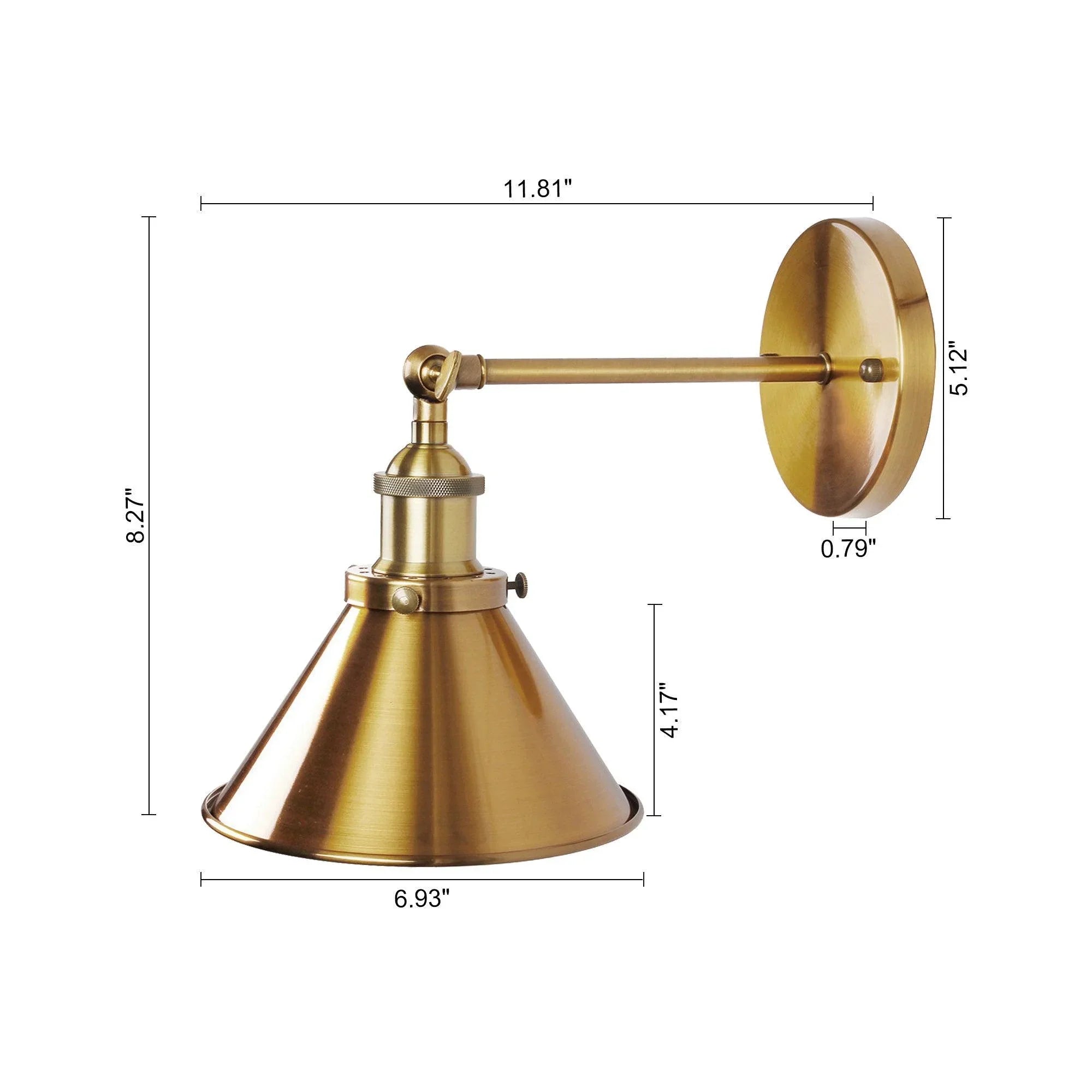 Golden brass 1-light wall sconce with round backplate and bell shade, exposed bulb