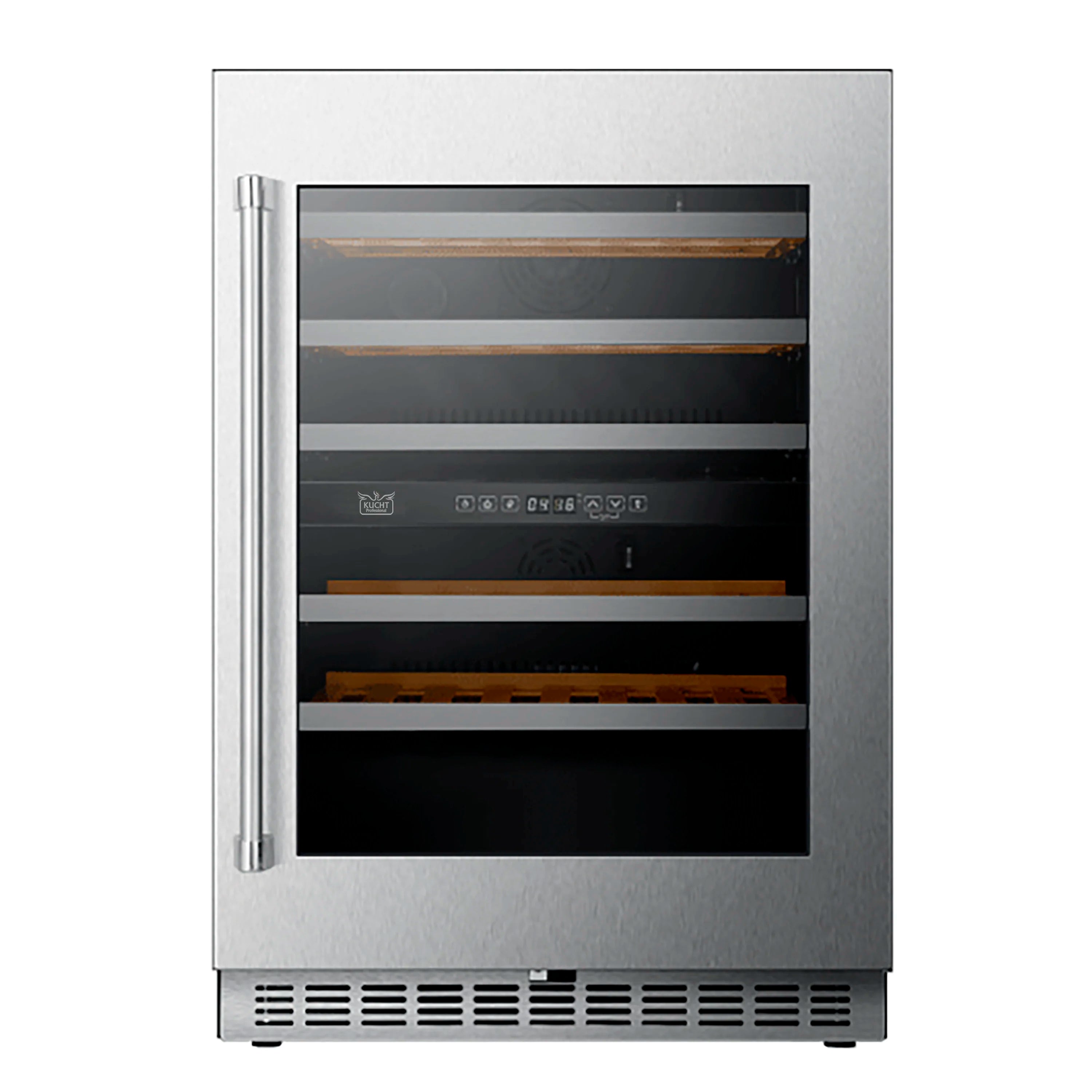 Stainless steel wine cooler with glass door and wooden racks for wine bottles