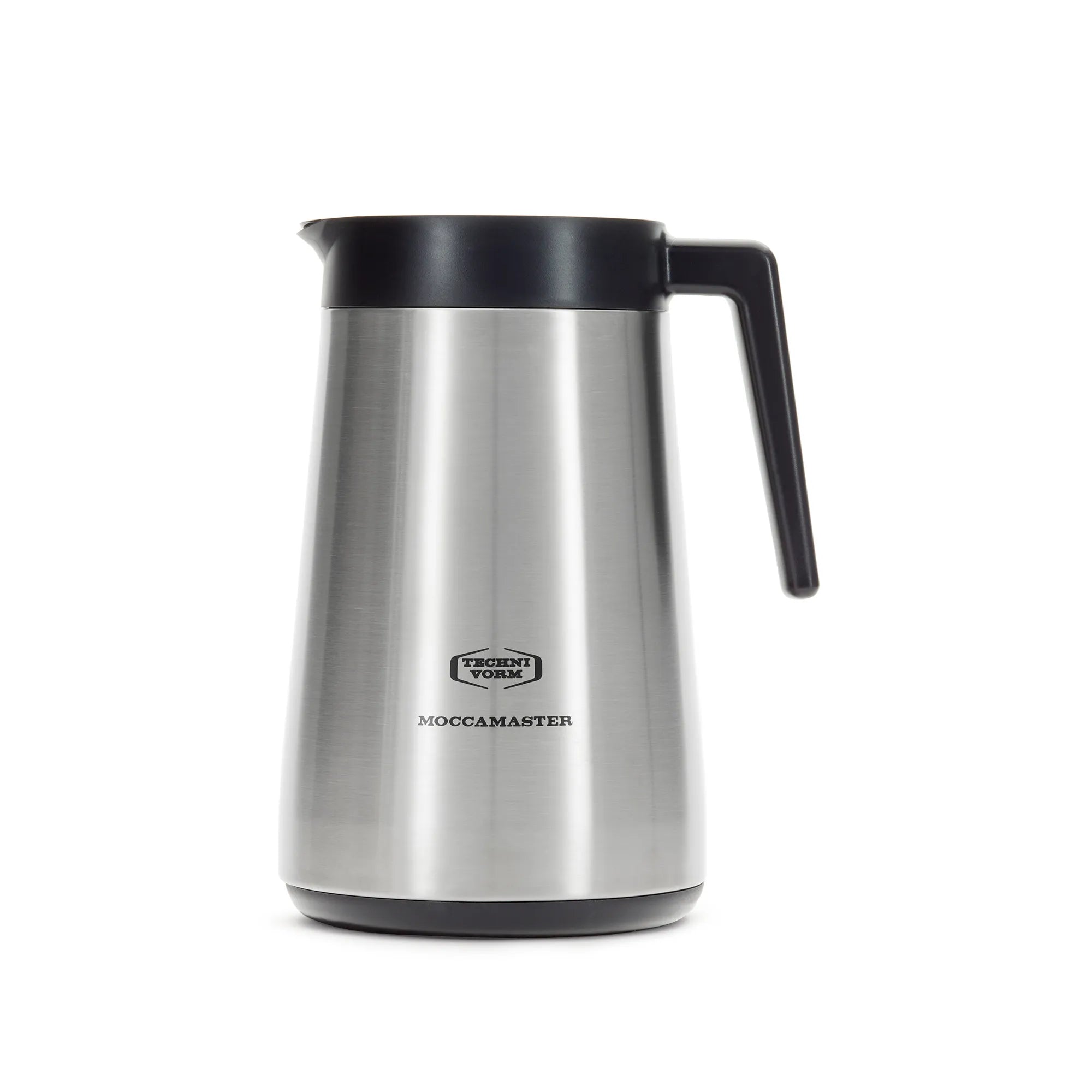 Moccamaster stainless thermal coffee carafe with black lid and side handle