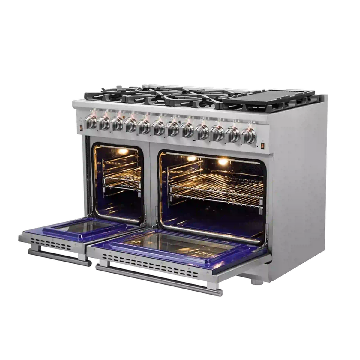 Stainless steel dual oven range with two open doors and illuminated oven racks