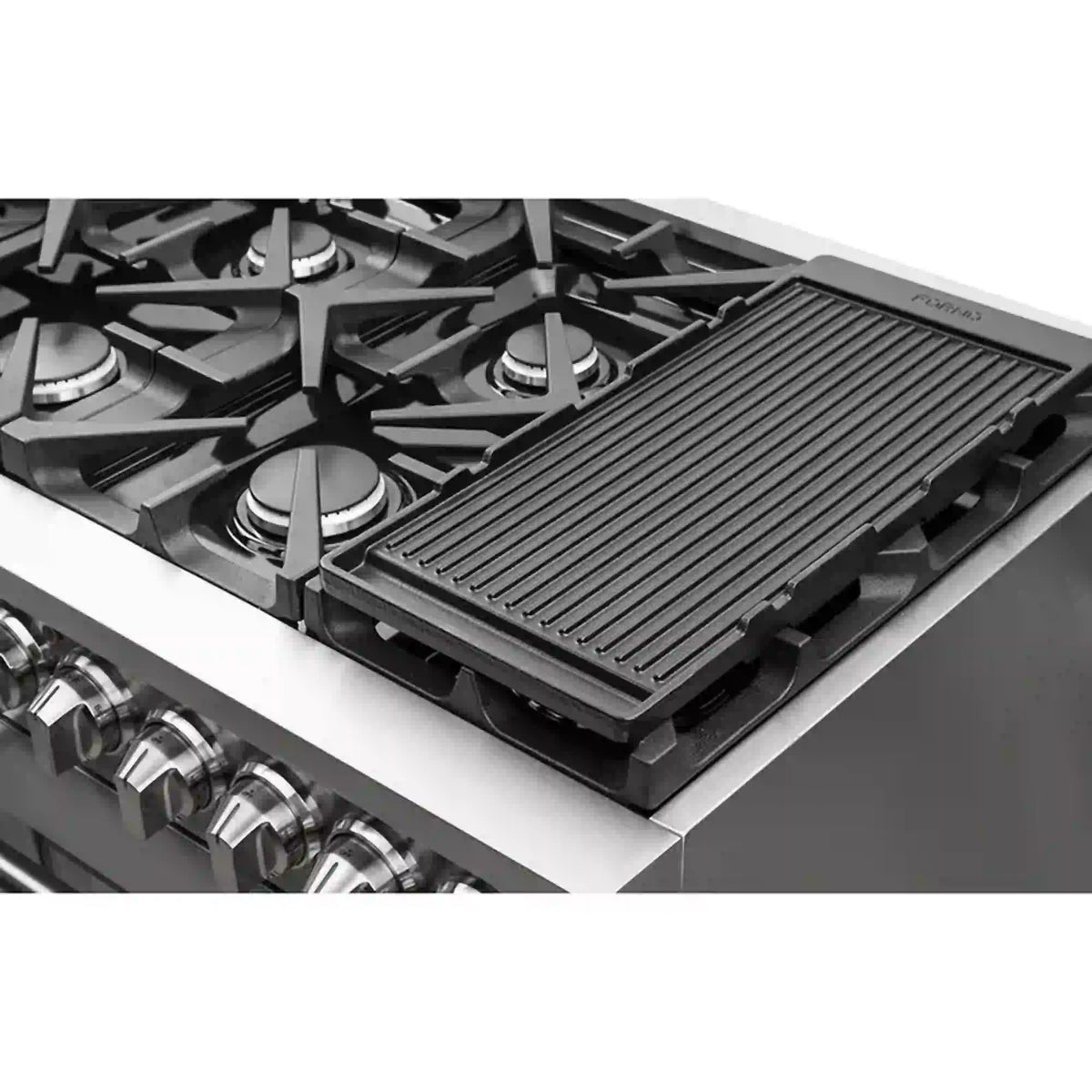 Stainless steel cooktop with four gas burners and black reversible griddle