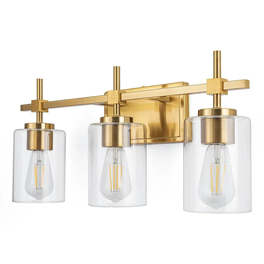 3-light bathroom vanity light with clear glass shades, golden metal frame and gold sockets