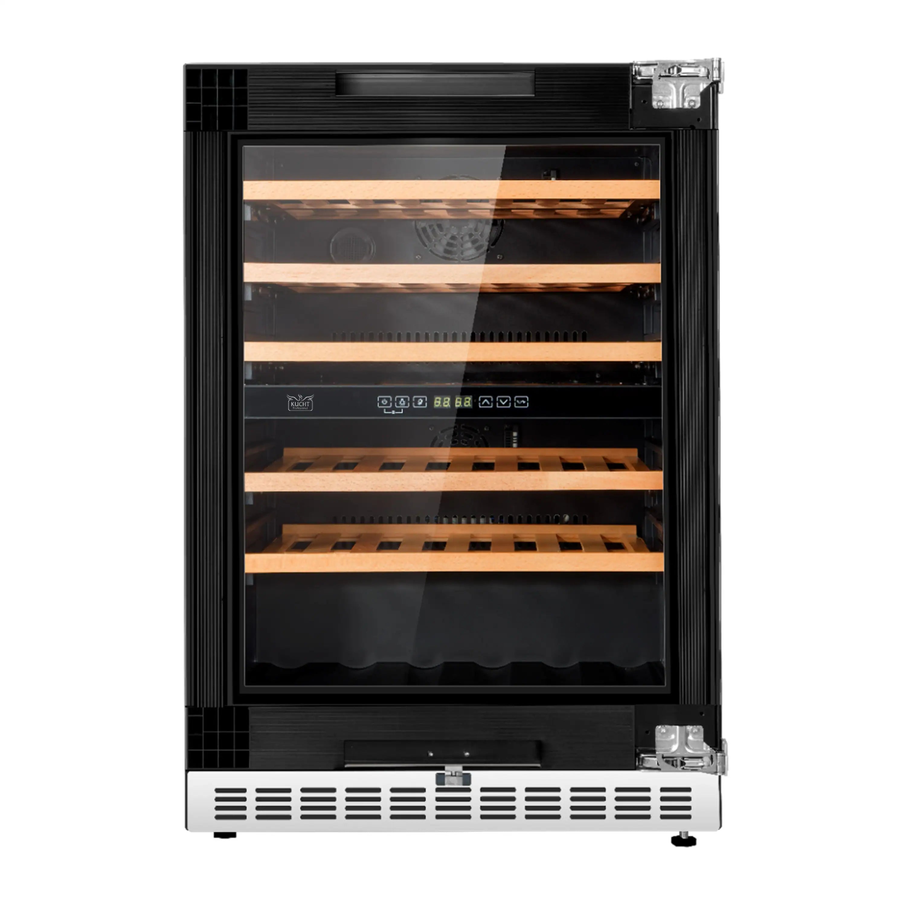 Wine cooler with black cabinet and glass door, interior wood racks visible