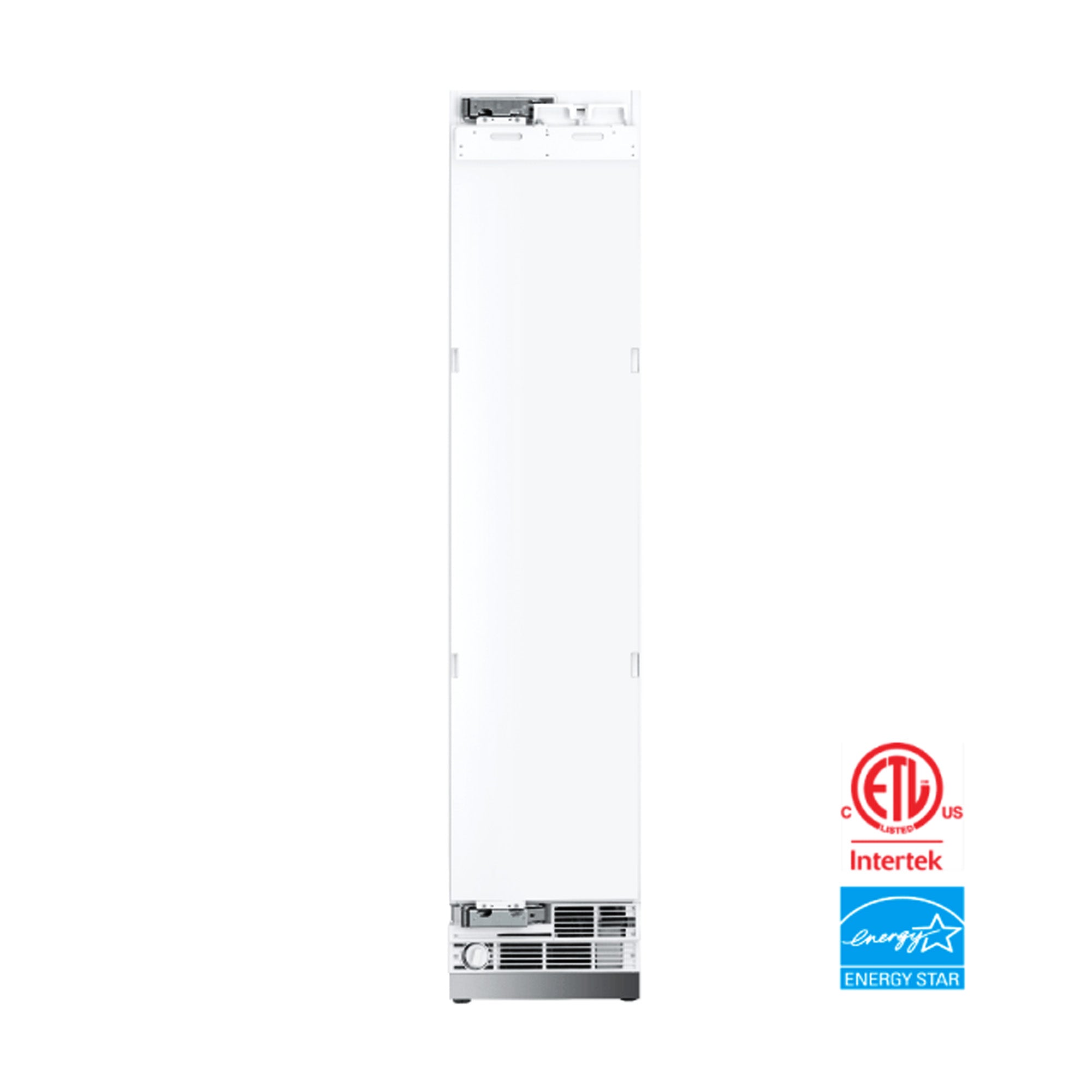 White upright frost-free freezer with front vents and certification badges
