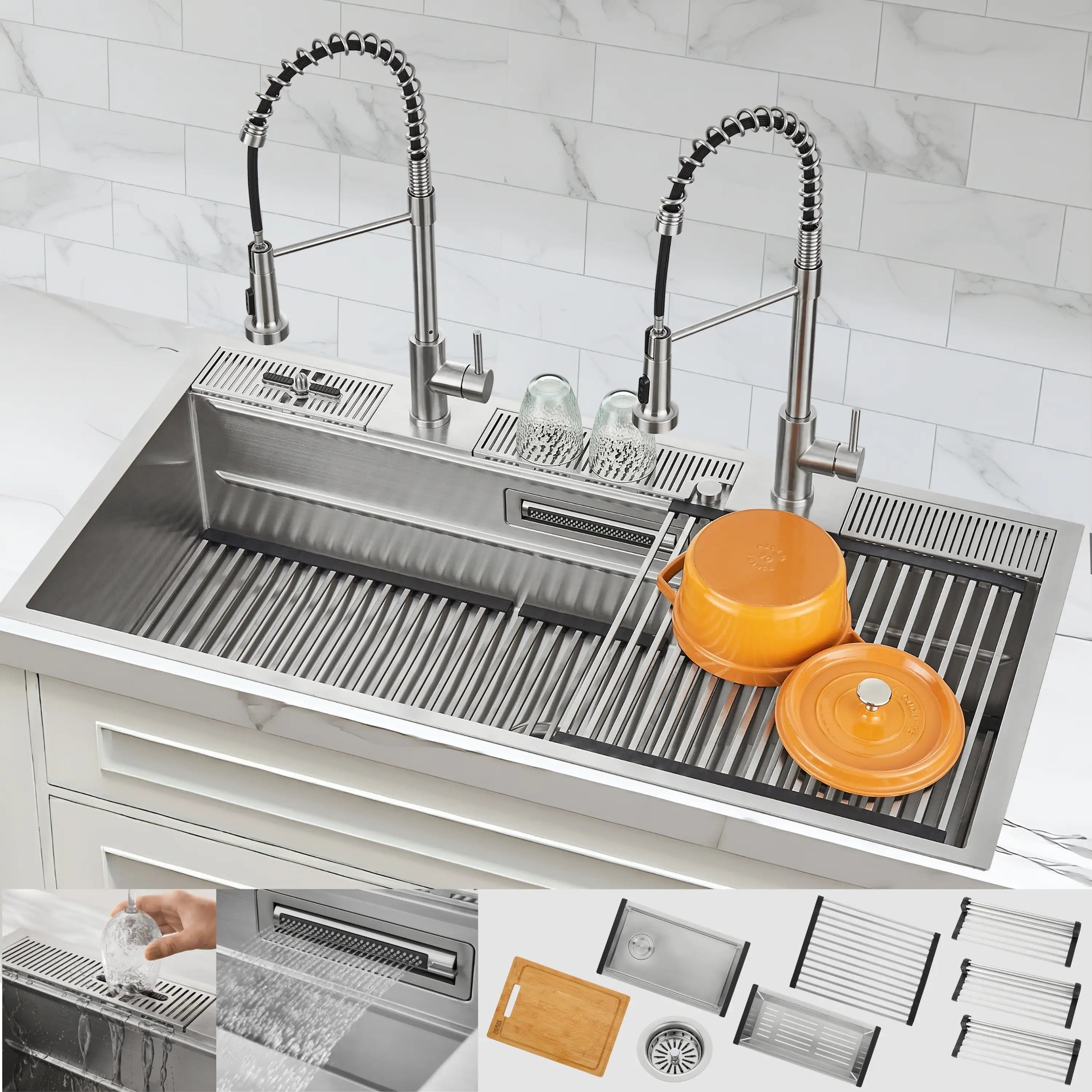 Stainless steel workstation sink with two faucets and ridged drying drainer deck