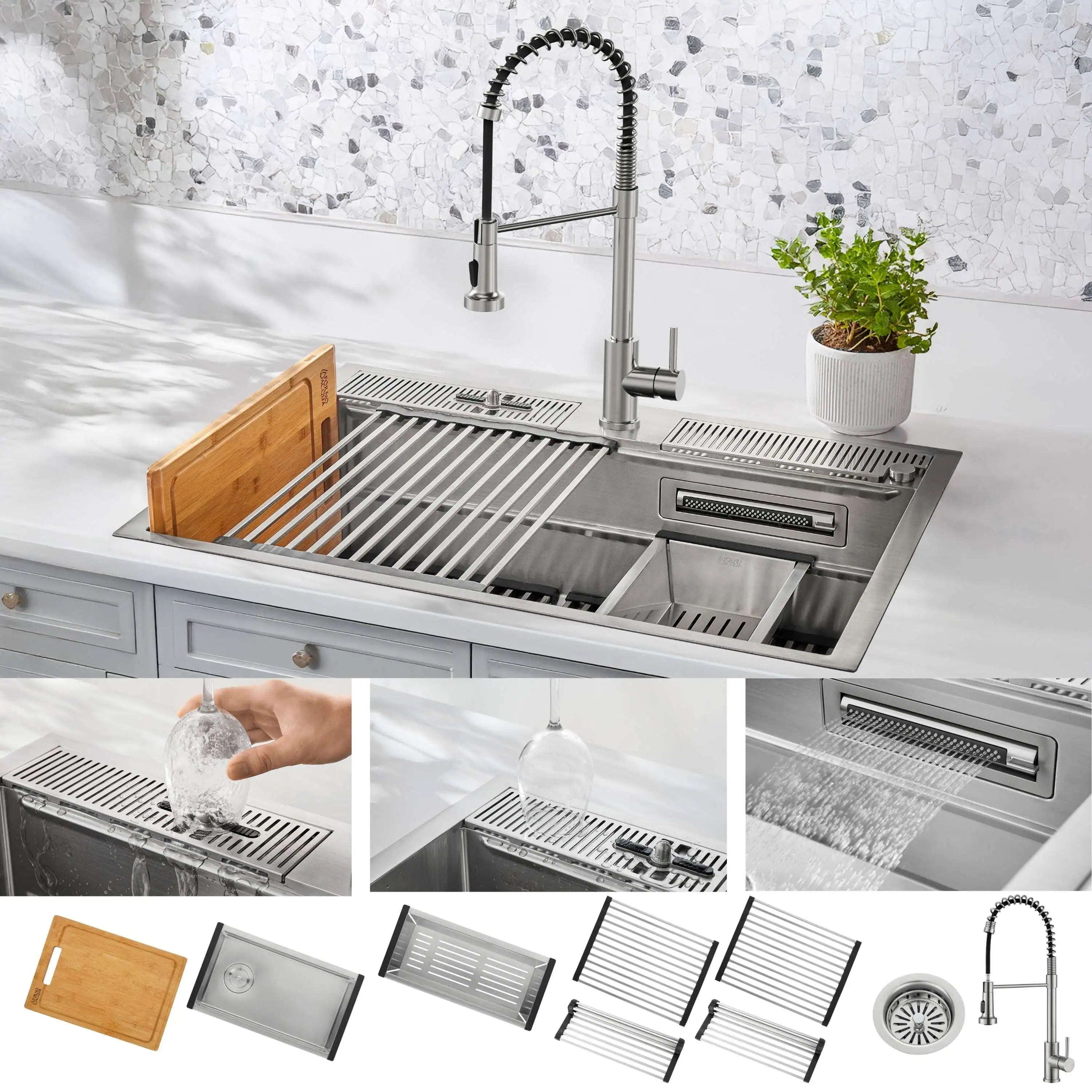 Stainless sink with integrated waterfall rinsing faucet and roll-up rack