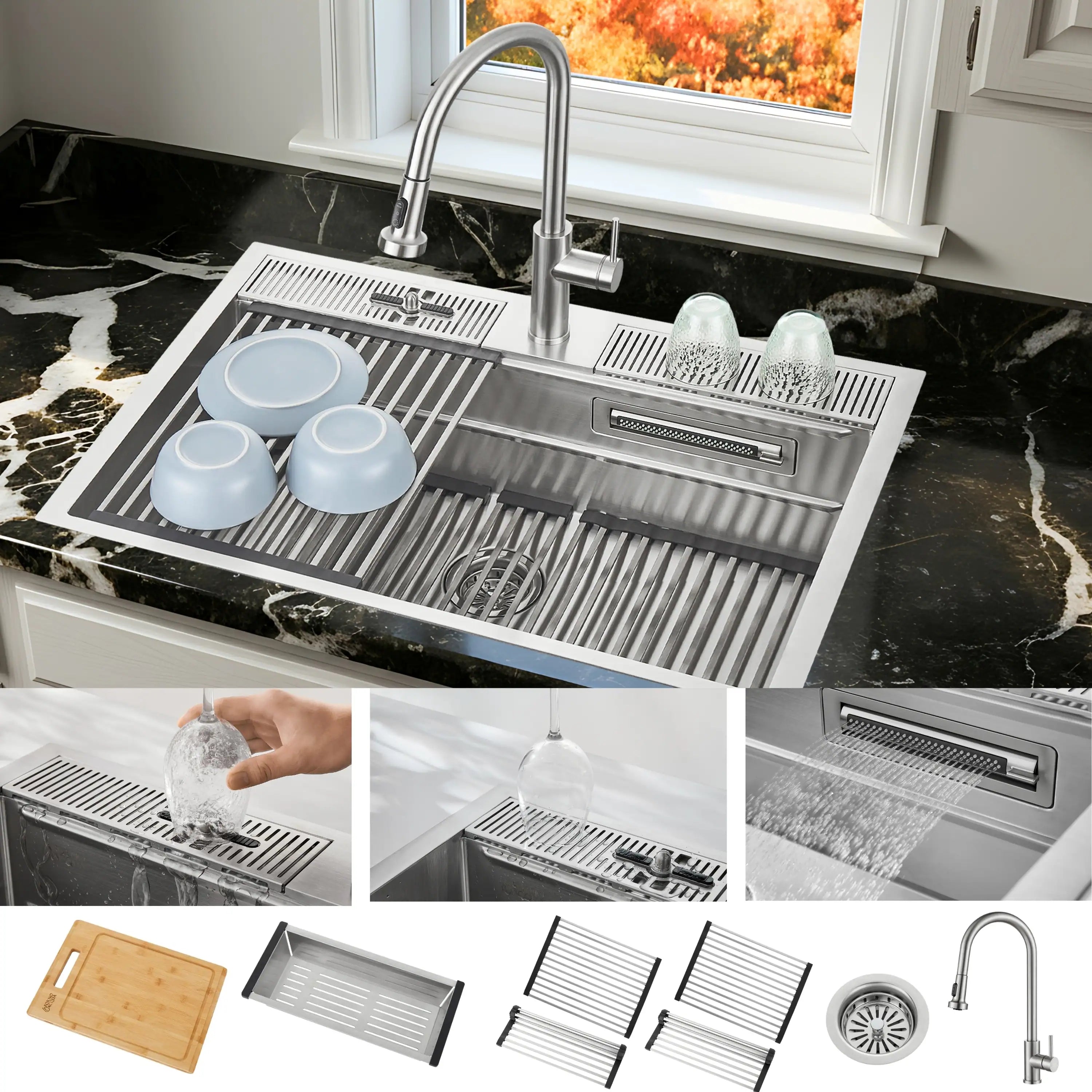 Stainless steel workstation sink with dish racks, rinse grid, and faucet