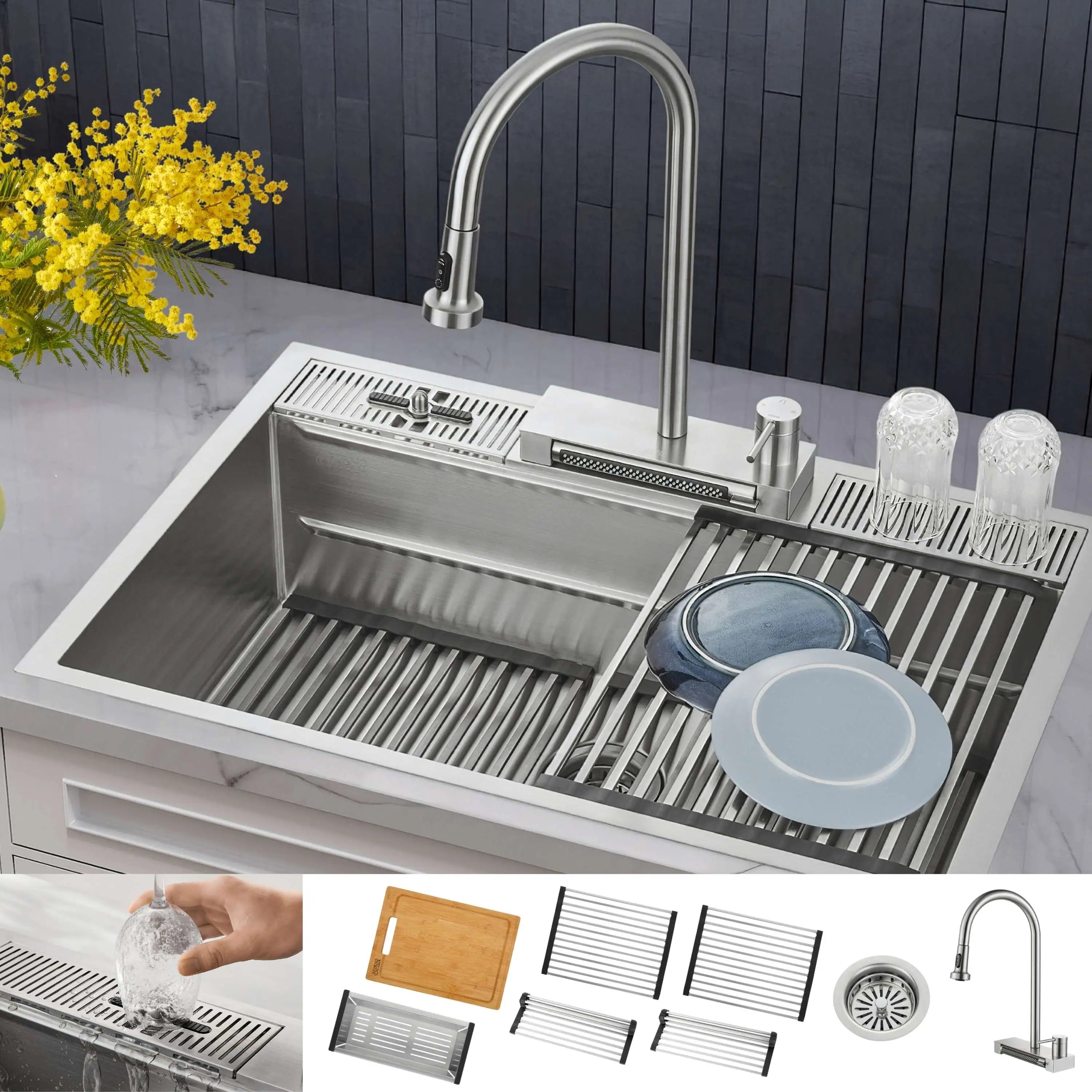 Stainless steel MultiSINK workstation sink with waterfall faucet and dish rack accessories
