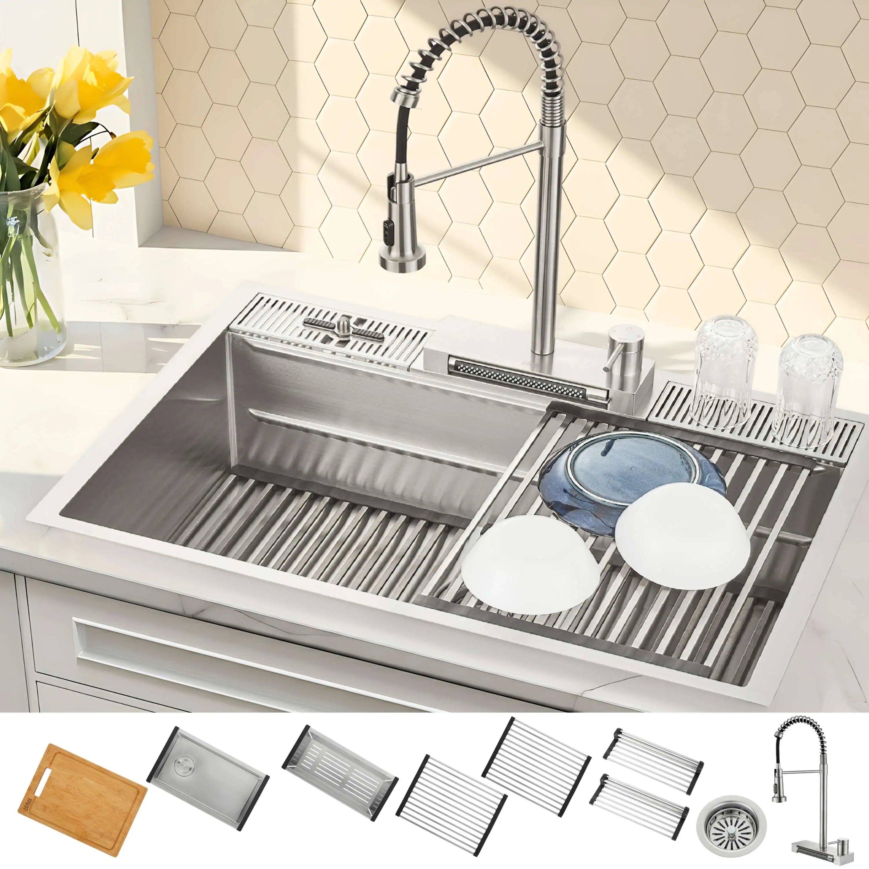 Stainless steel multi-level workstation sink with waterfall faucet and glass rinser rack