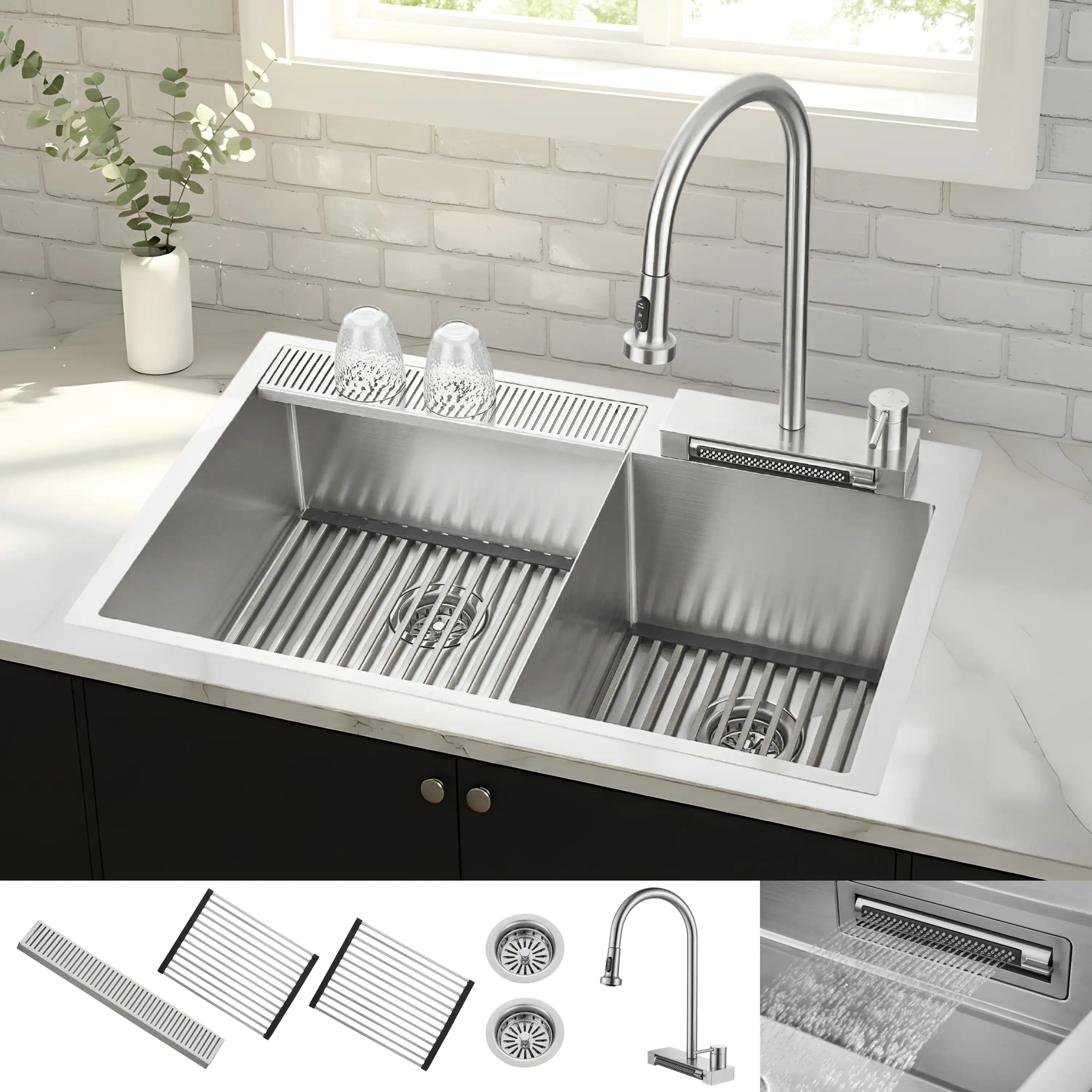 Stainless steel double-bowl kitchen sink with waterfall faucet and drying grates