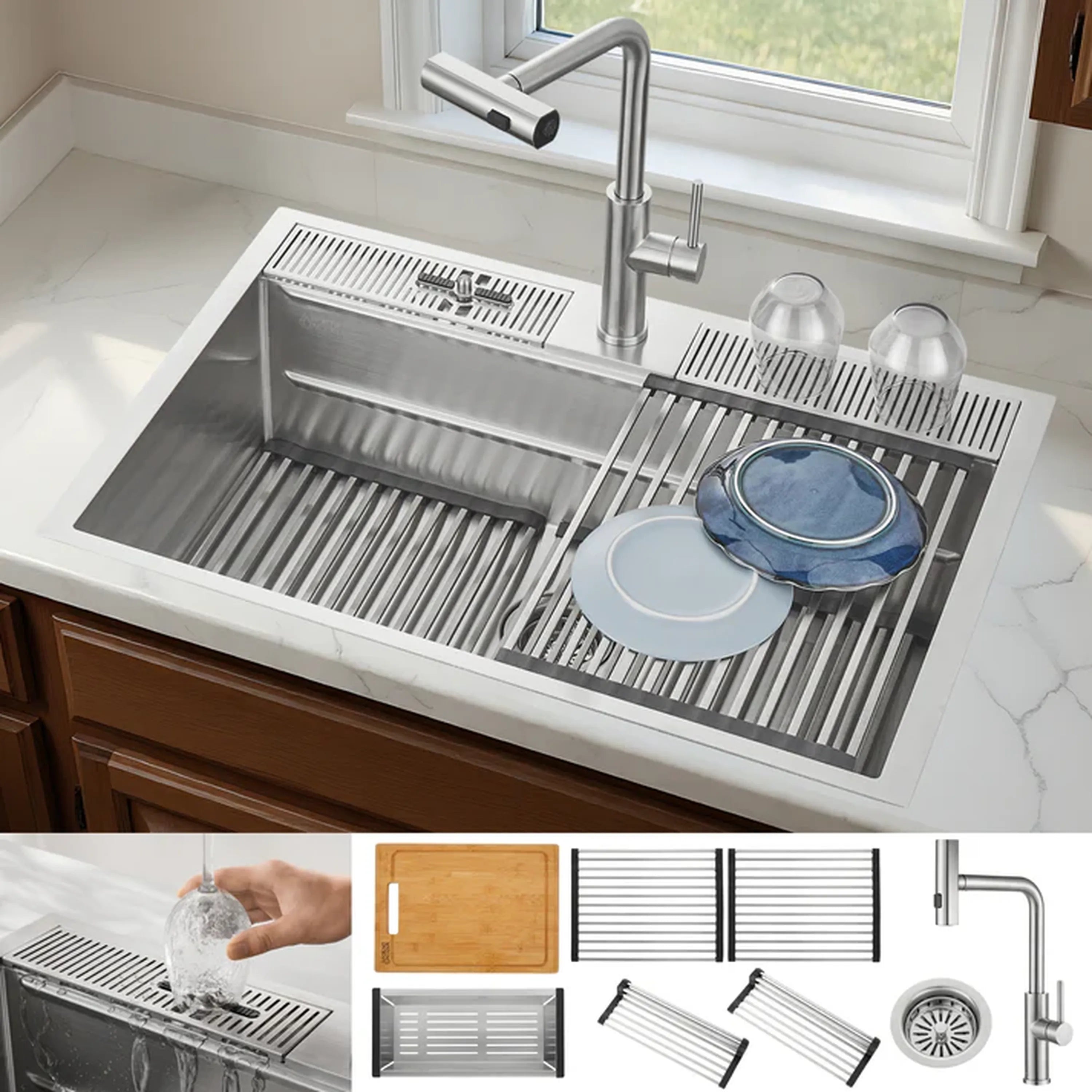 Stainless workstation sink with waterfall faucet and dual dish-drying rack inserts