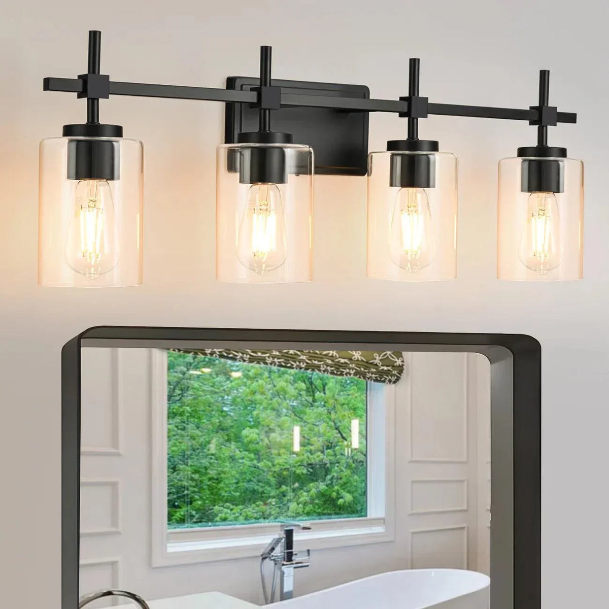 Black 4-light linear vanity light with clear glass shades and metal mounting