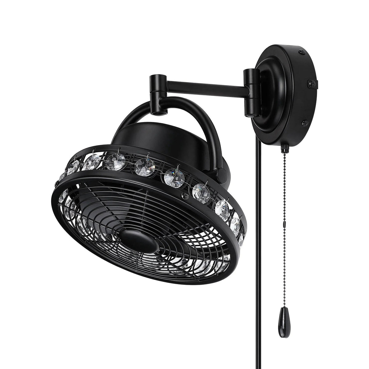 Black 10-inch ceiling fan light with pull chain and clear crystal bulbs over wire grille
