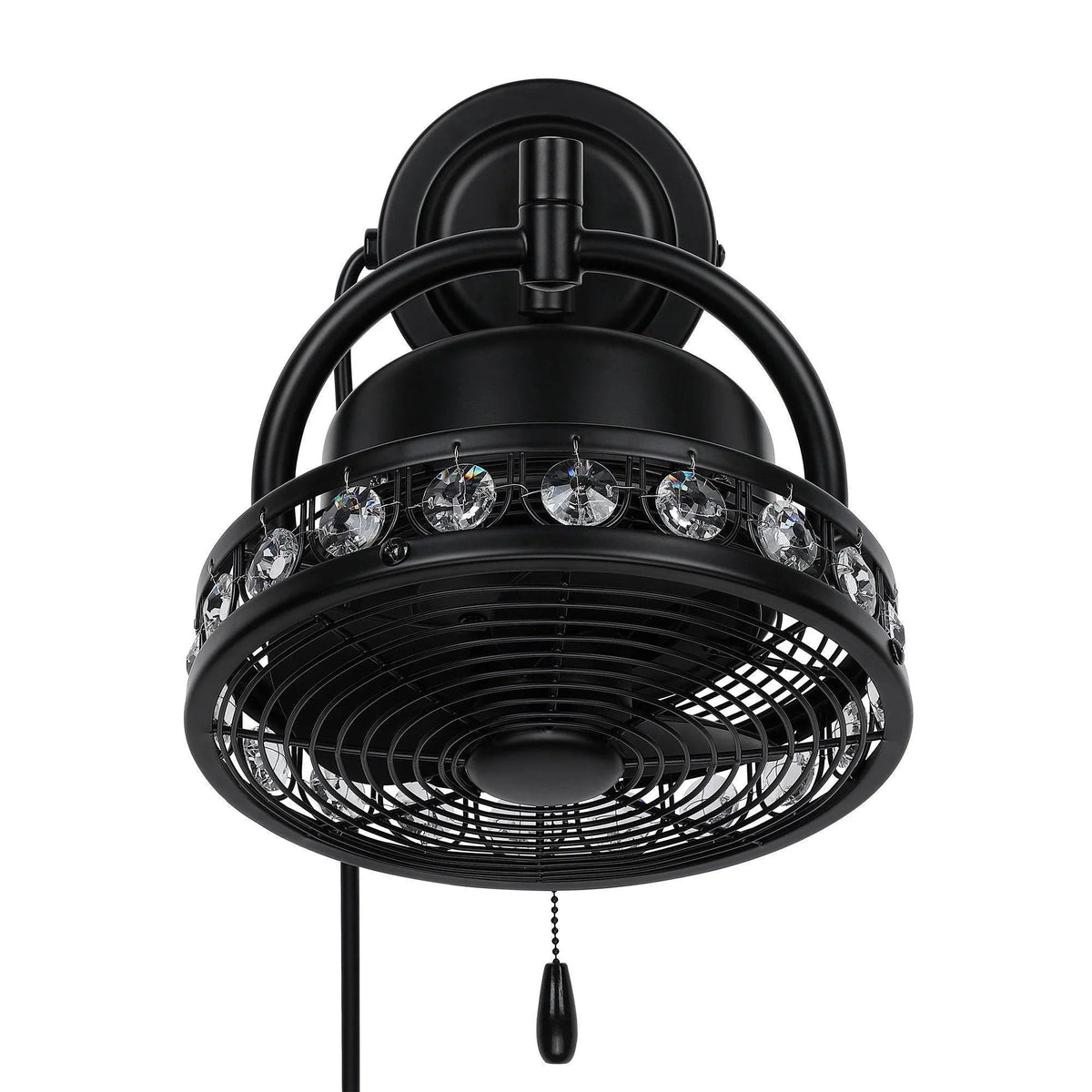 Front view of black 10-inch ceiling fan light with pull chain and crystal bulbs on grille
