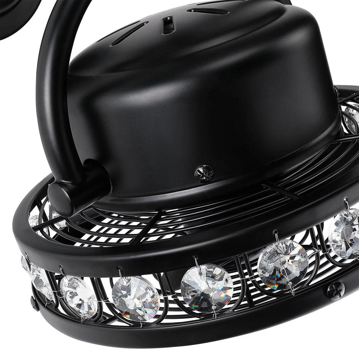 Close-up of black ceiling fan light base with crystal bulbs and fan grille