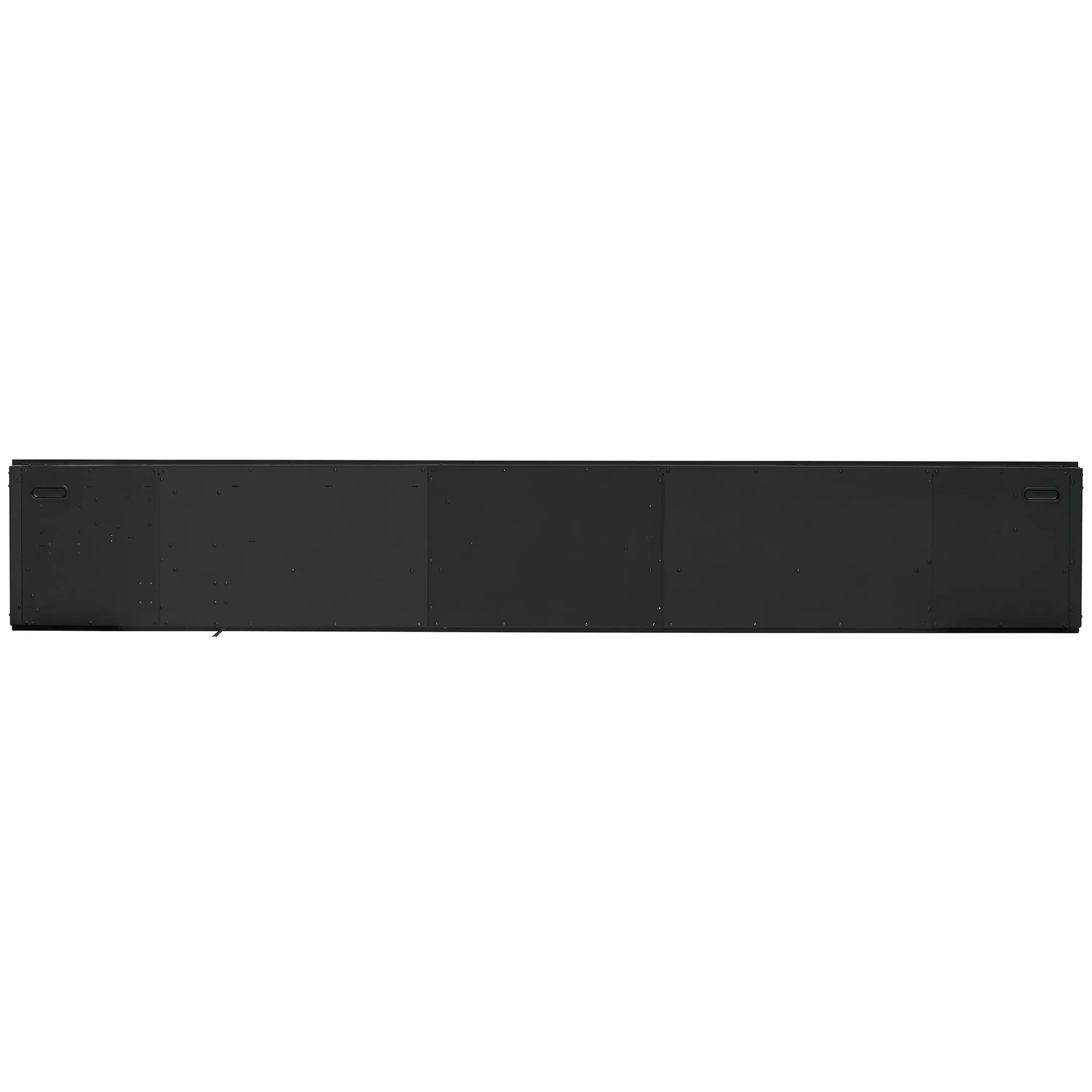 Black built-in linear electric fireplace insert with long viewing window and dark trim