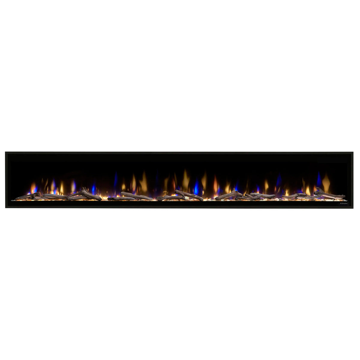 Linear electric fireplace with blue flame accents behind clear screen and dark frame