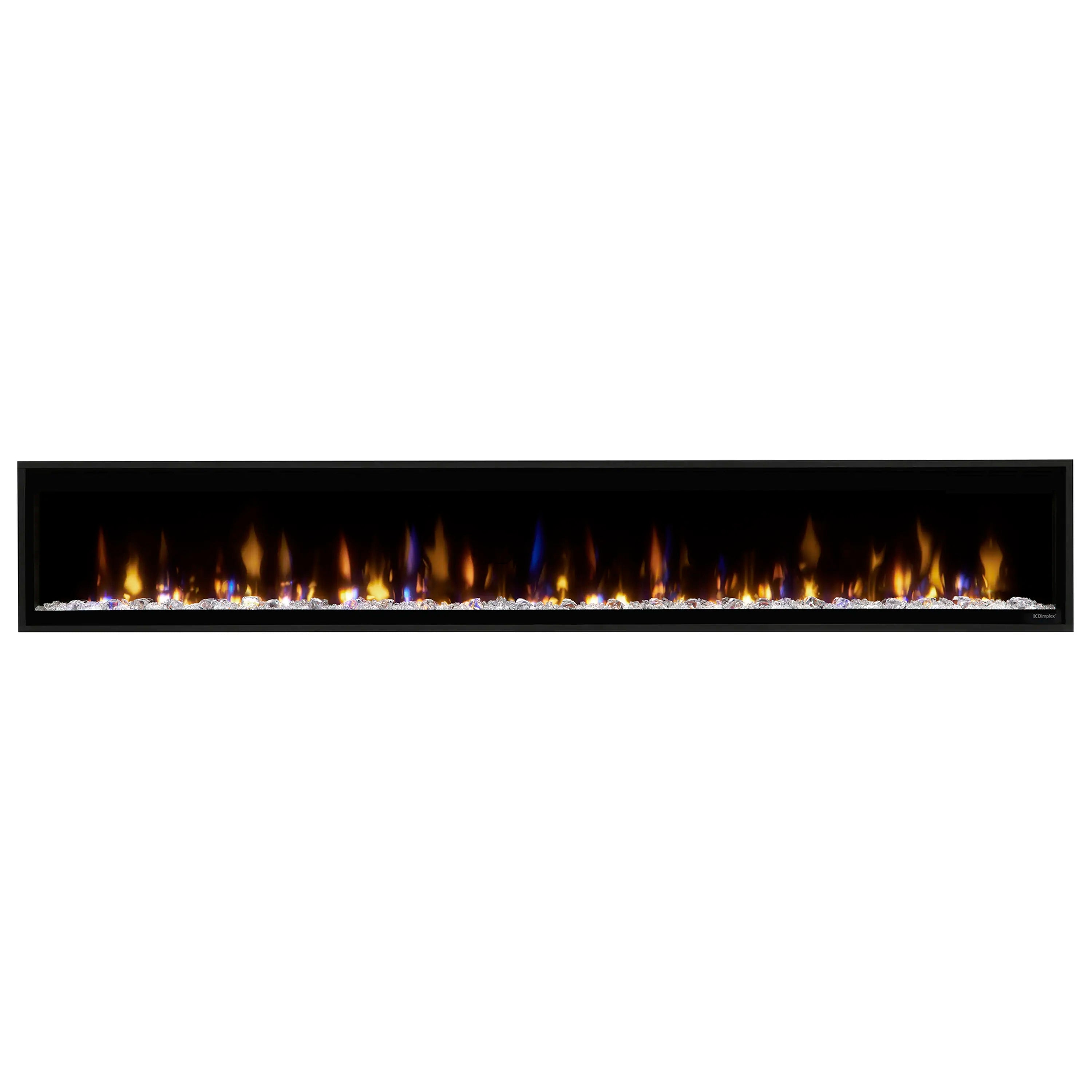 Linear electric fireplace with burning flame effect behind clear screen and dark frame