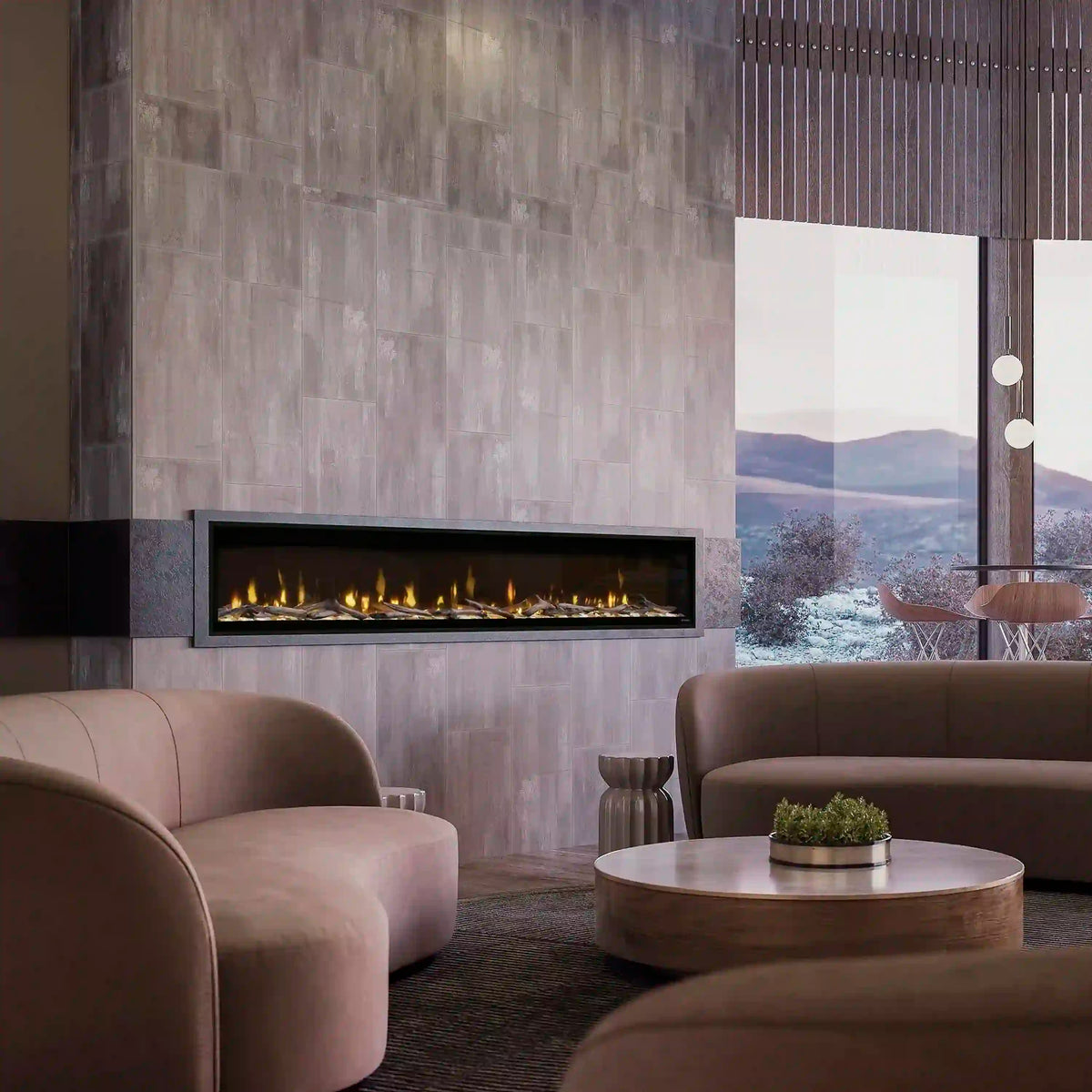 Built-in linear electric fireplace with glowing yellow flames in a black firebox