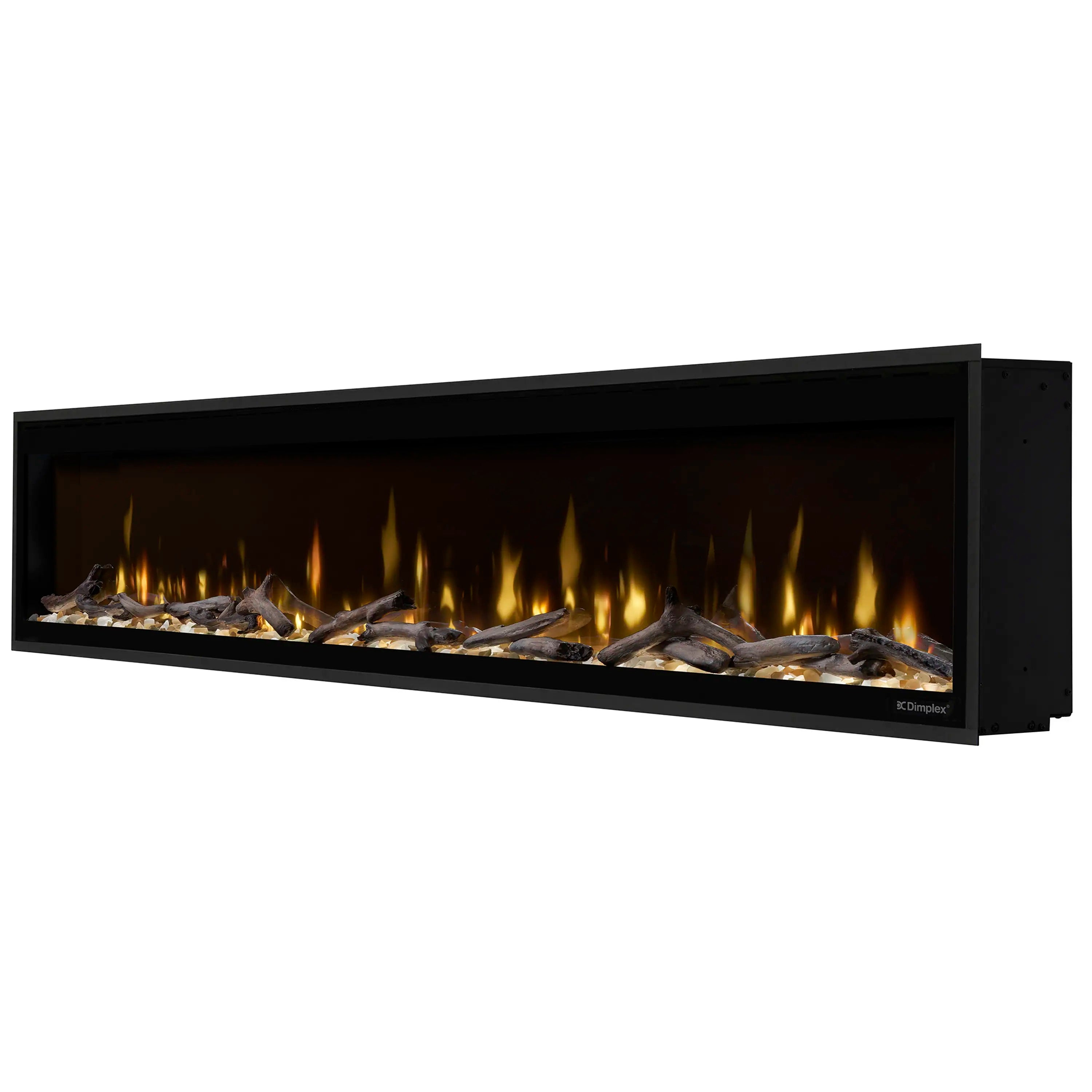Linear electric fireplace with faux logs, glass window, and black housing