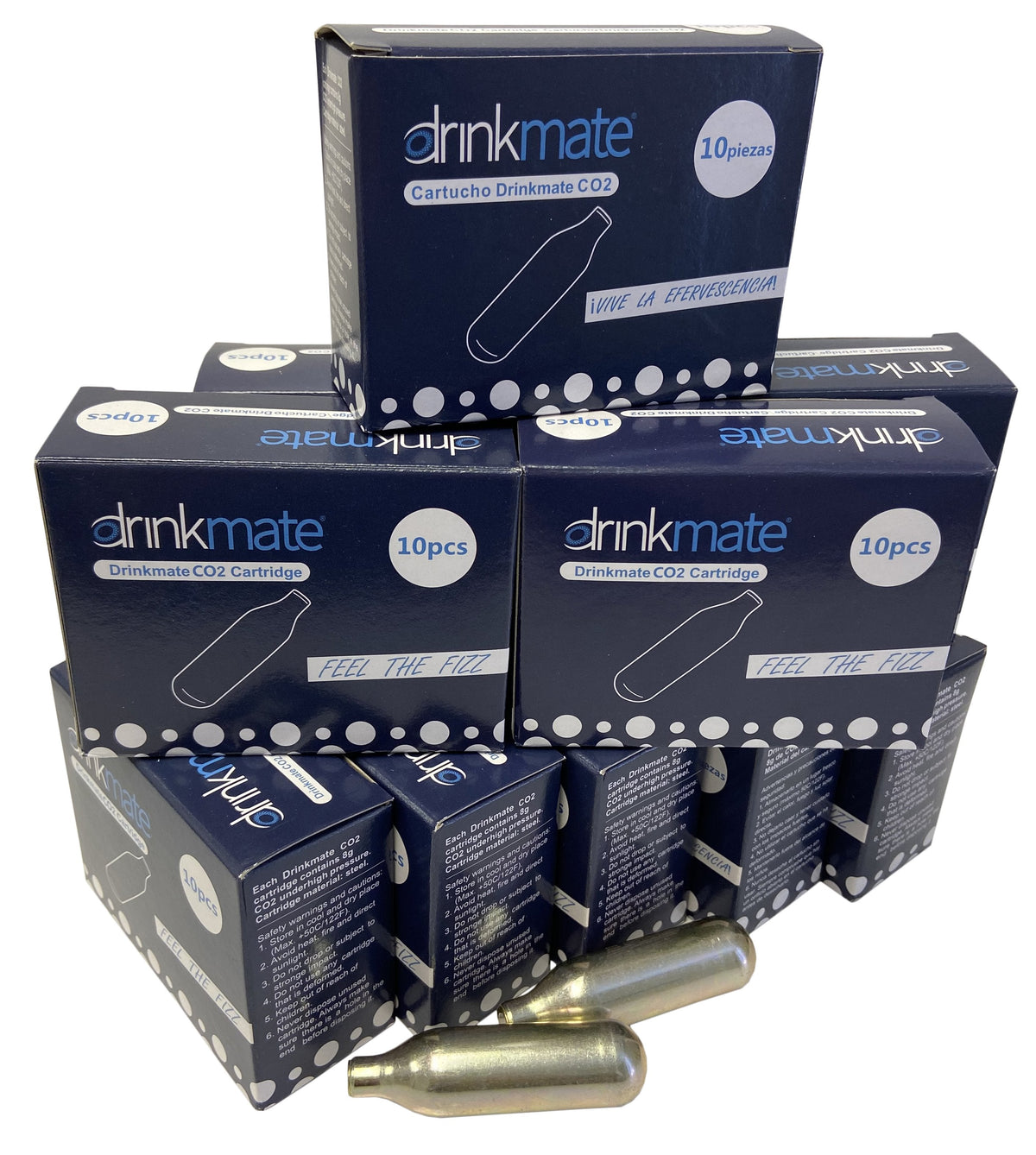 CO2 cartridge pack with silver gas canisters in blue cartons, 10 count labels