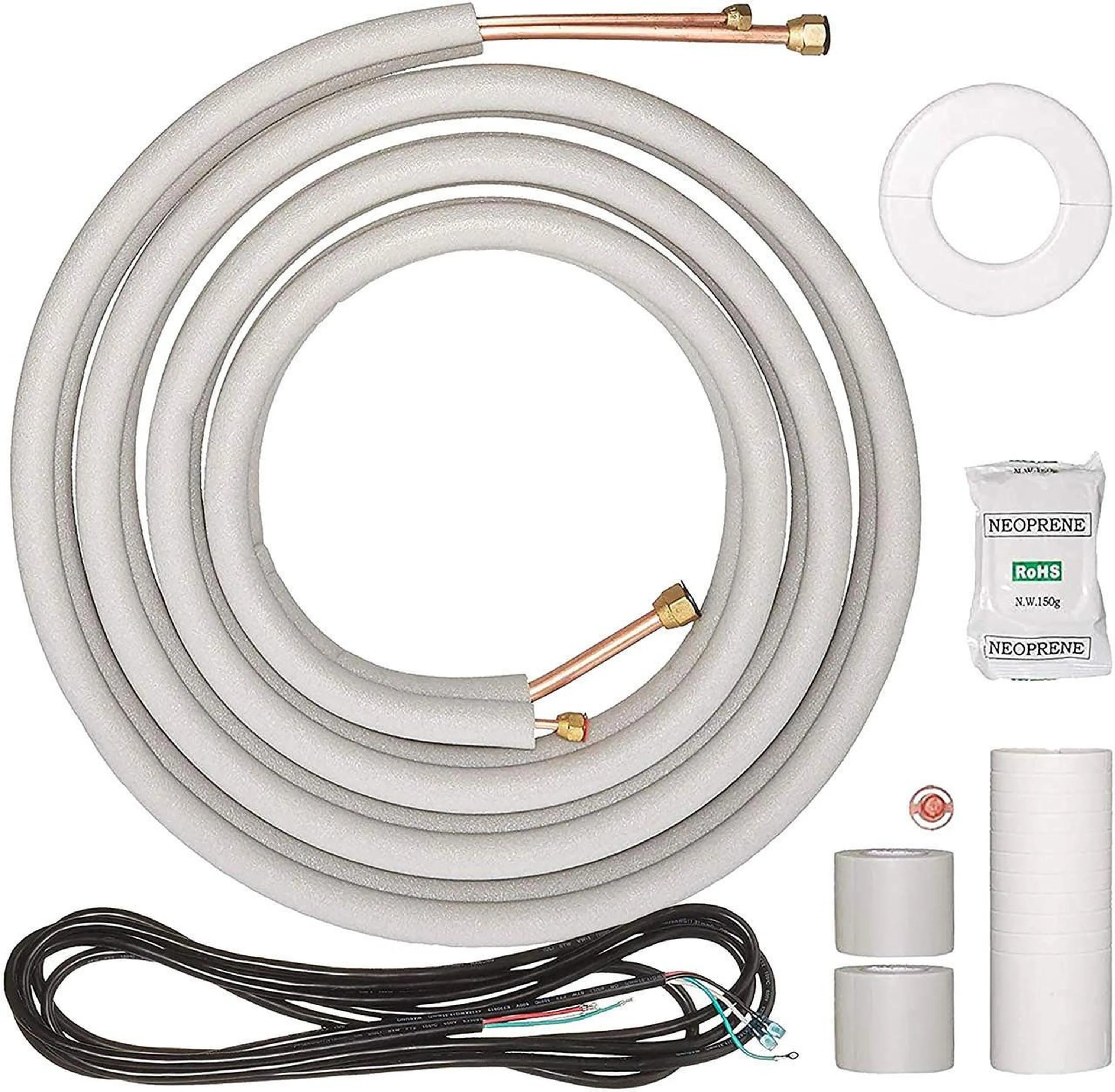 Mini split line set kit with insulated copper tubing, fittings, and wall seals