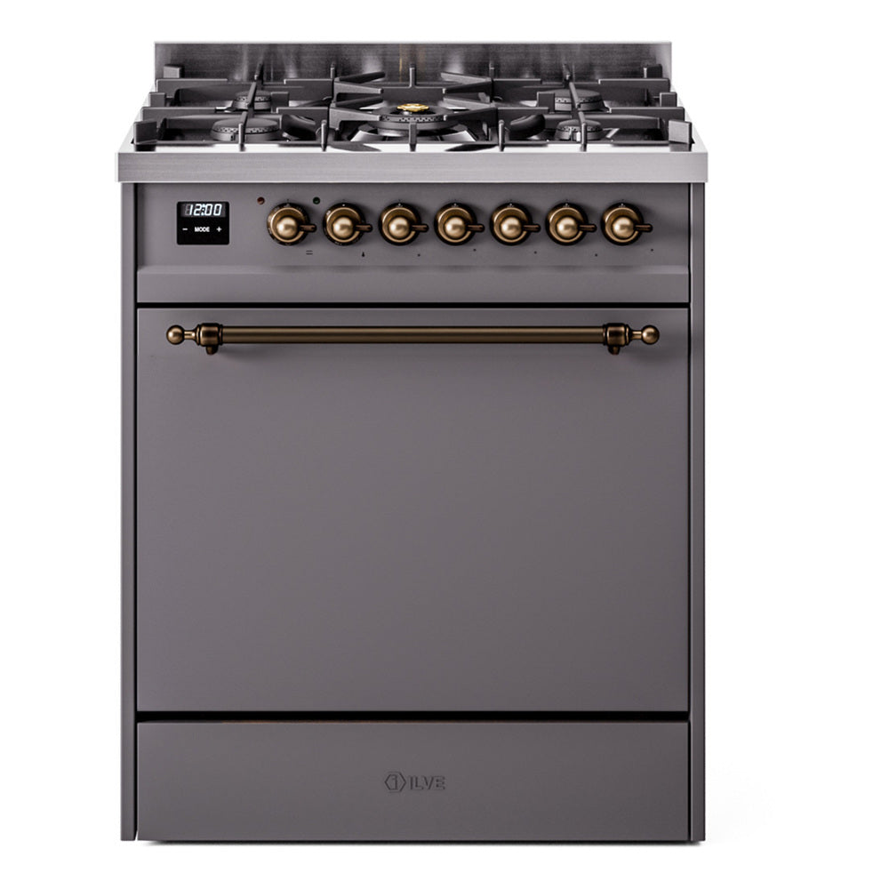 Dual fuel range front with multiple knobs, bronze handle, and matte graphite finish