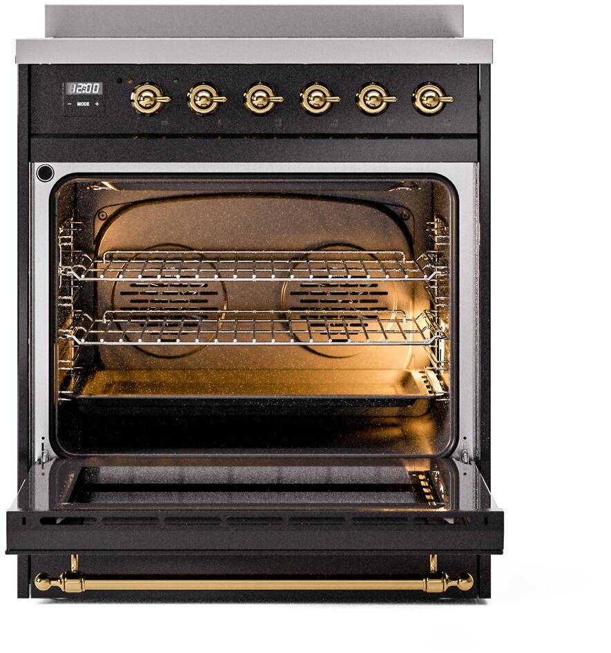 Freestanding electric induction range with open oven door and wire racks, brass accents