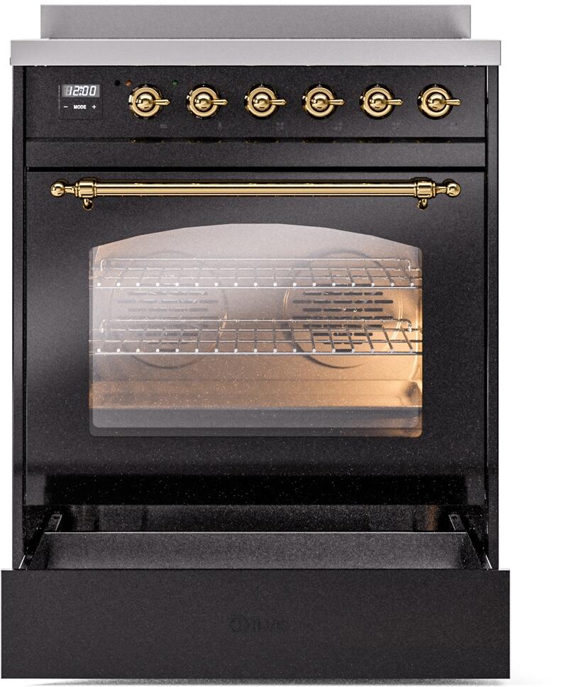 Freestanding electric induction range, glossy black with brass handle bar and oven window