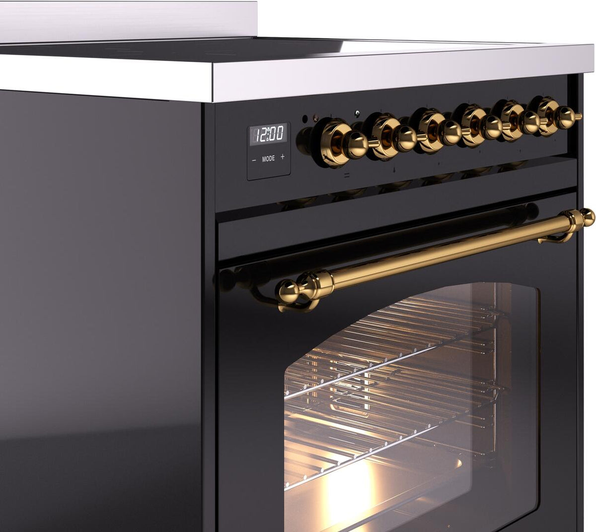 Freestanding electric induction range side view with brass control knobs and oven handle