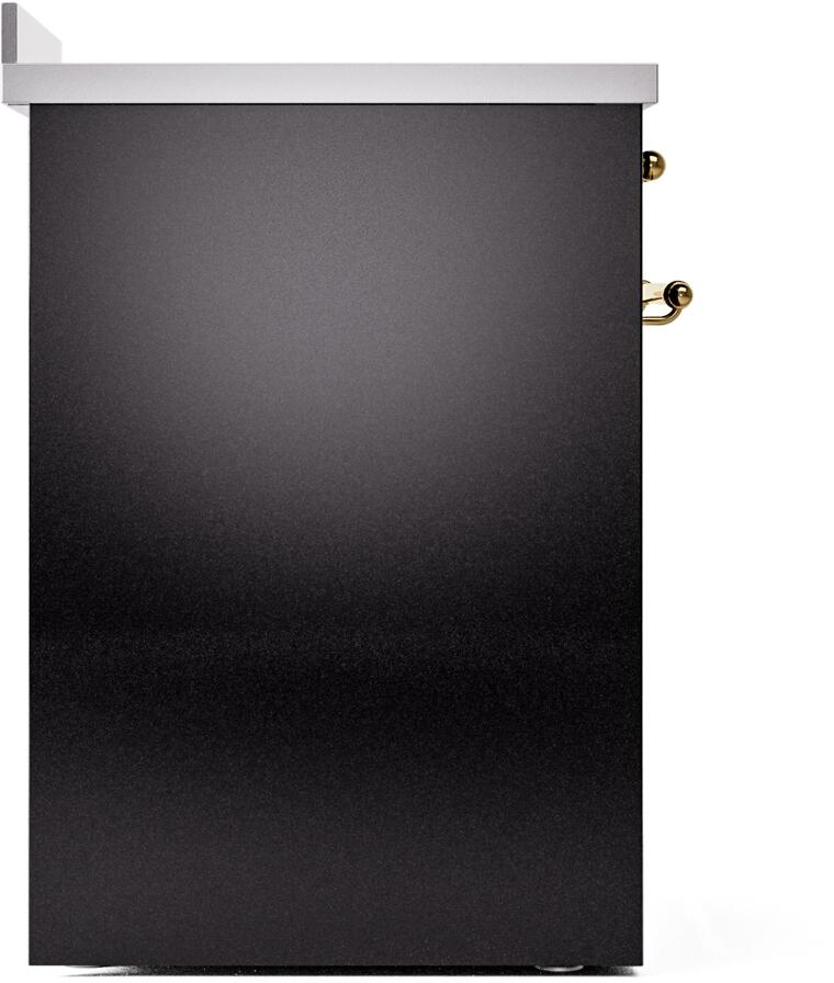 Freestanding electric induction range left side panel, glossy black with brass handle hardware