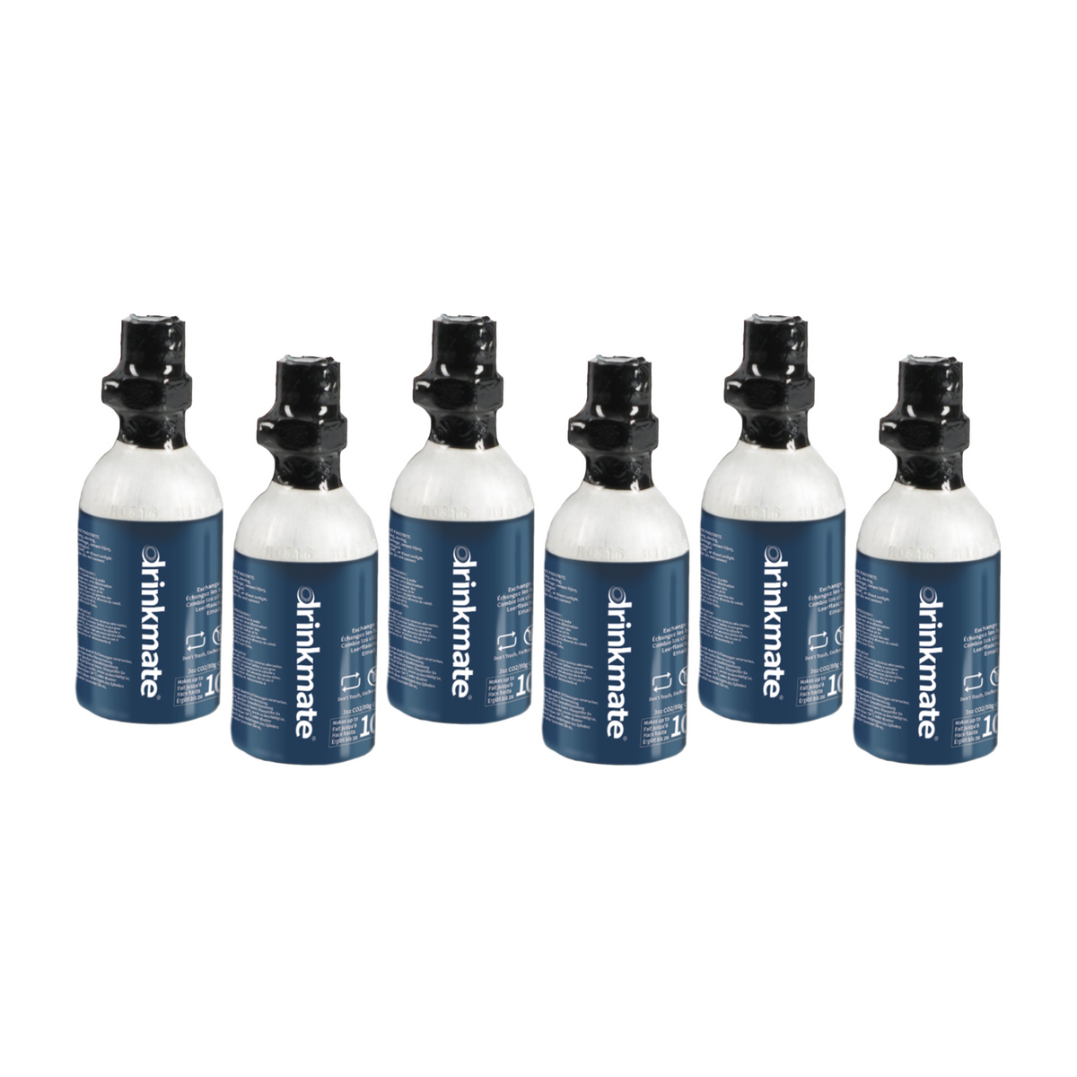 Drinkmate six-pack 3 oz CO2 cylinders with blue-and-white labels, black caps