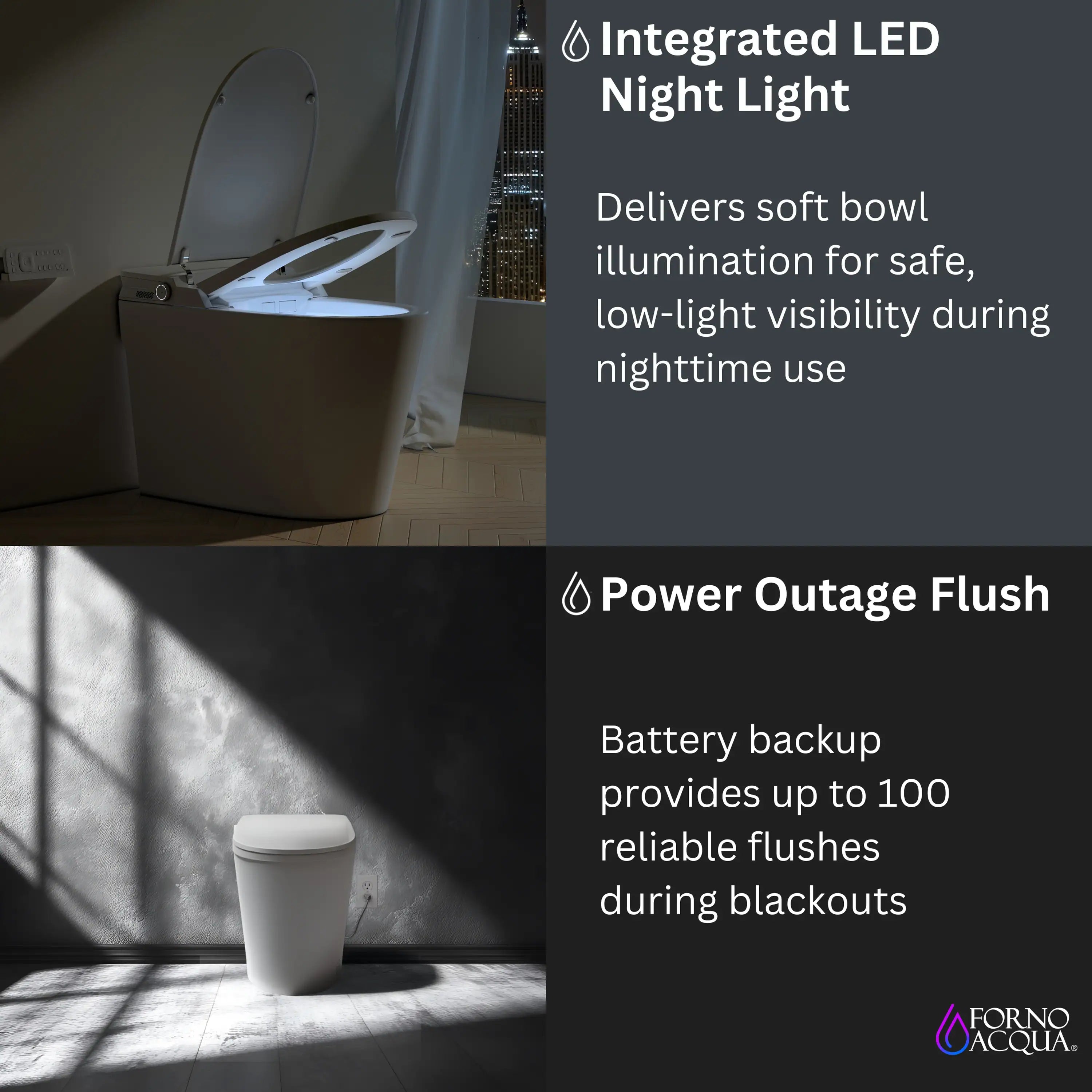 Smart toilet with integrated LED night light and battery backup flush