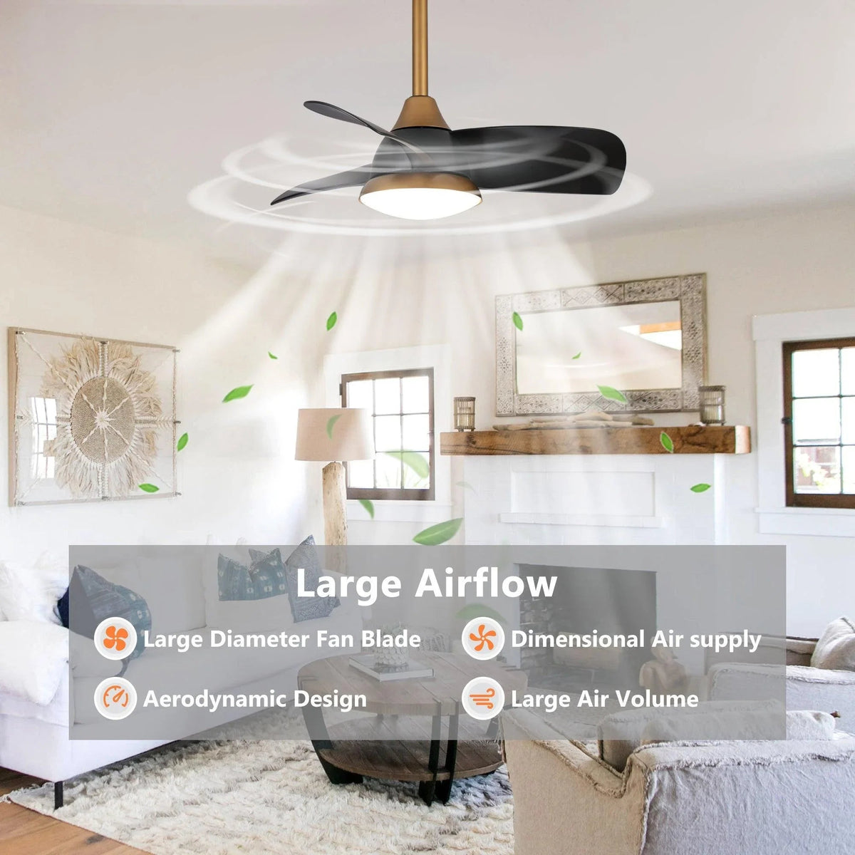 Ceiling fan with black blades and LED light with airflow design on a gold downrod