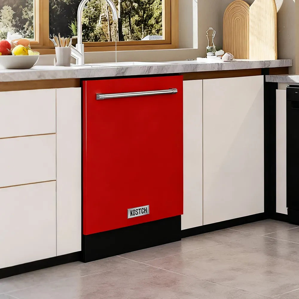 Red top control dishwasher installed under a counter with white cabinet panels