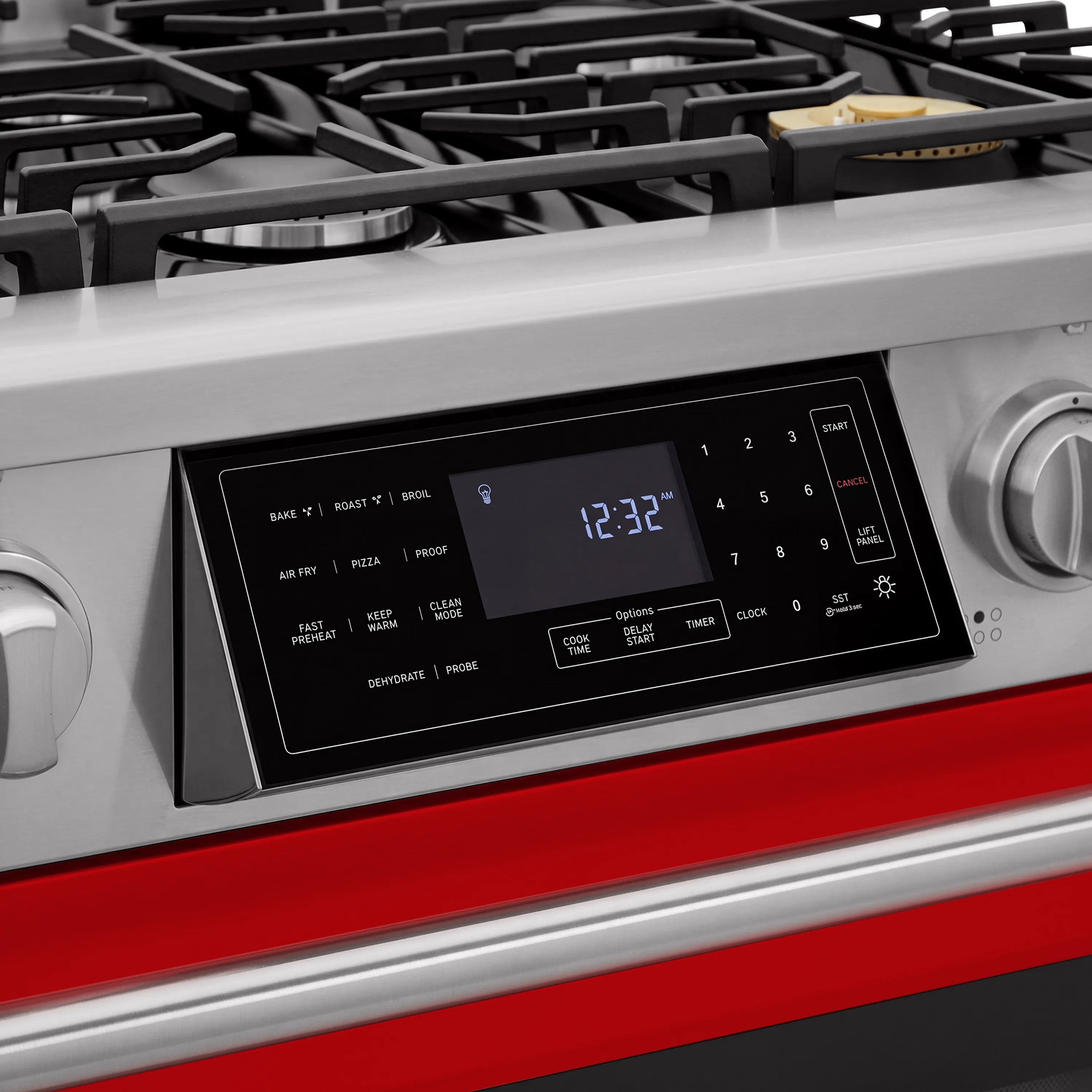 Red gas range control panel with digital display and touch-style burner settings