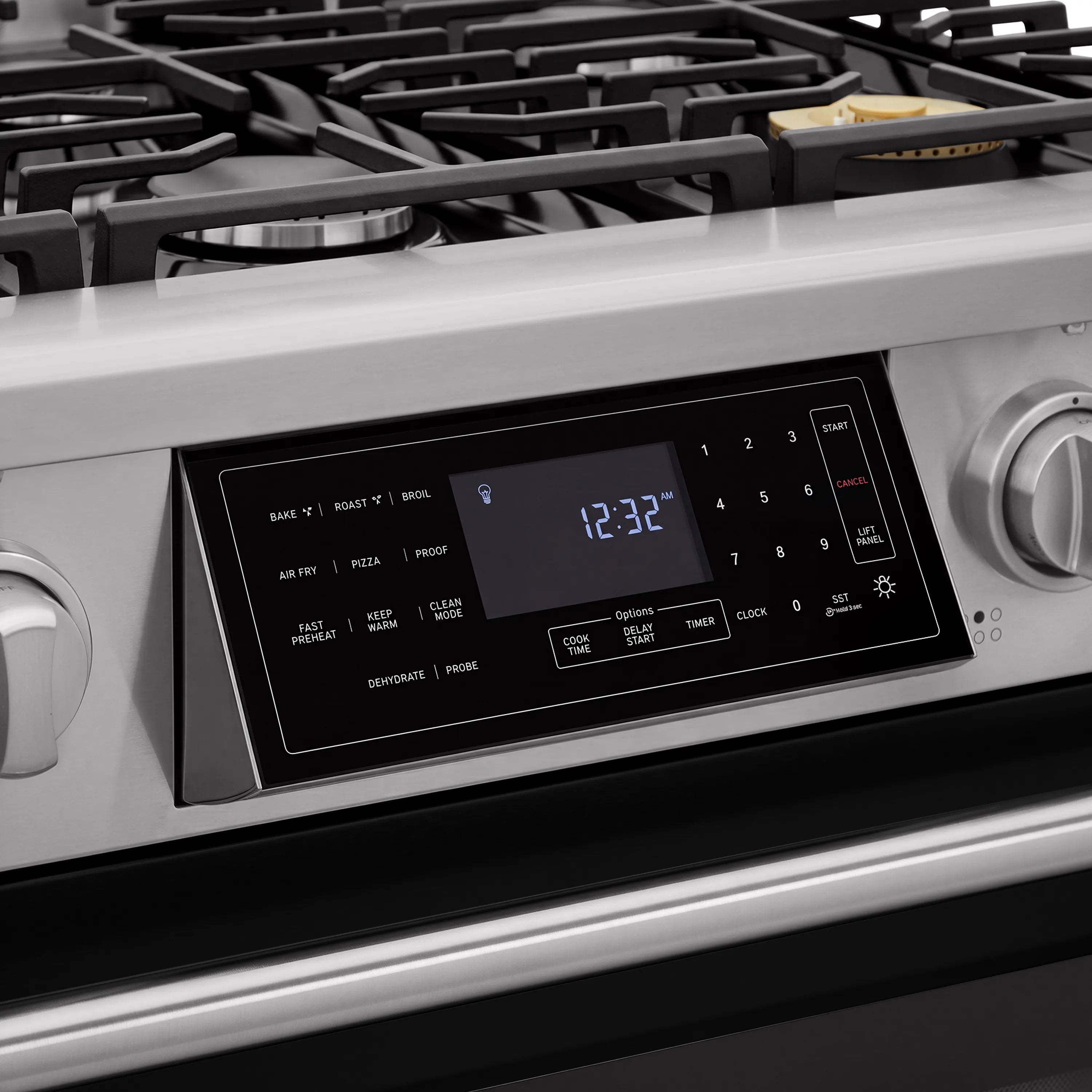 Digital oven control panel with clock display and labeled buttons on gas range