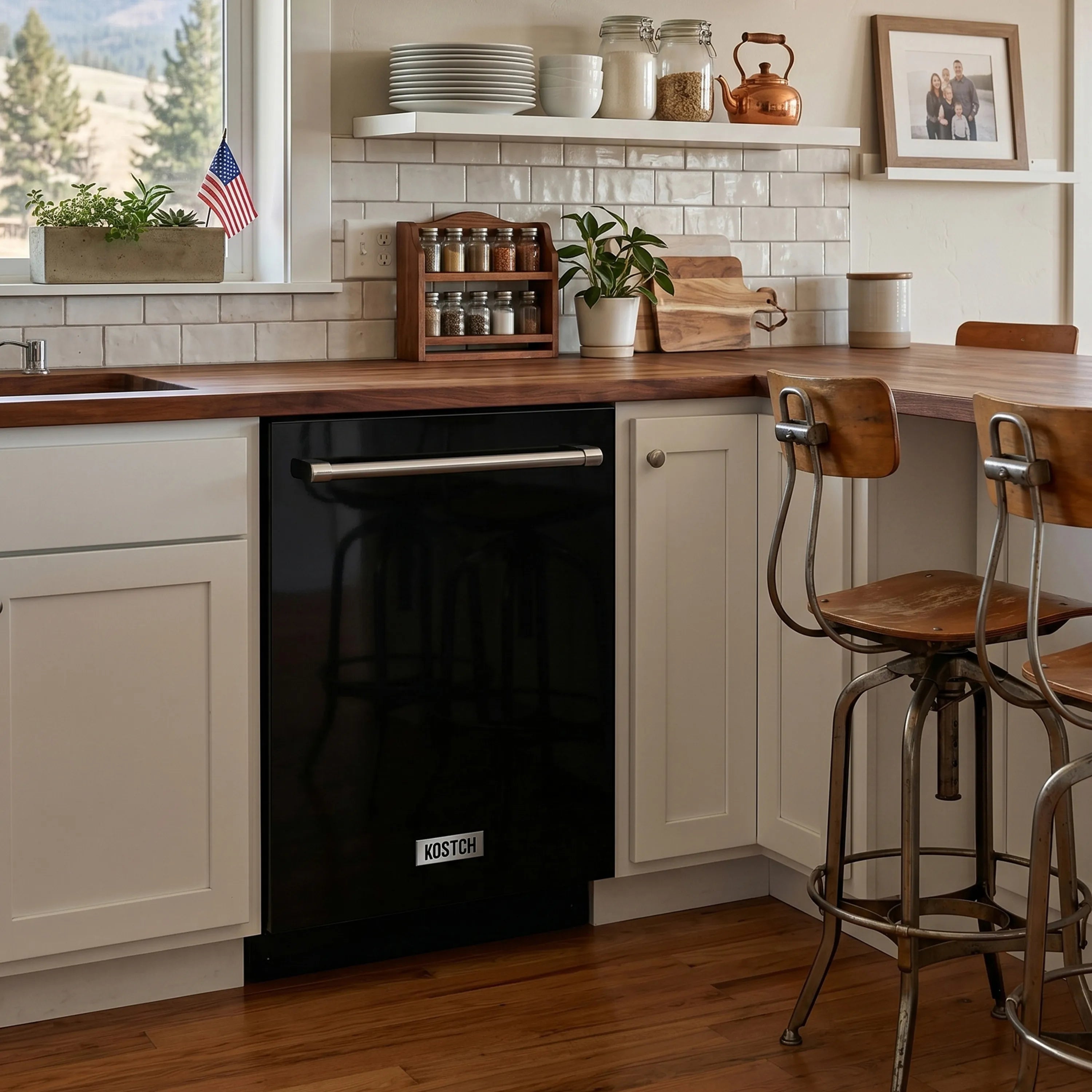 Black built-in dishwasher installed in a kitchen with cabinetry