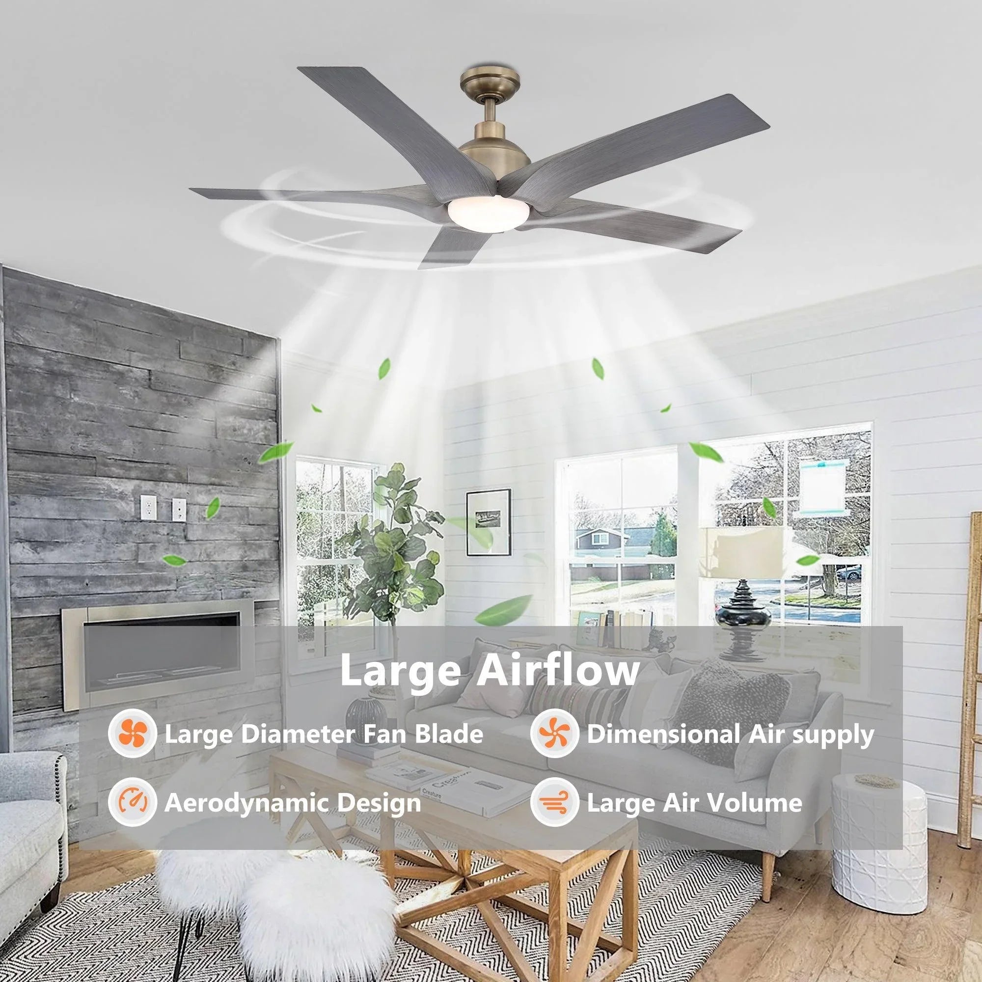 Ceiling fan with light and 5 dark gray blades, large airflow airflow-focused design
