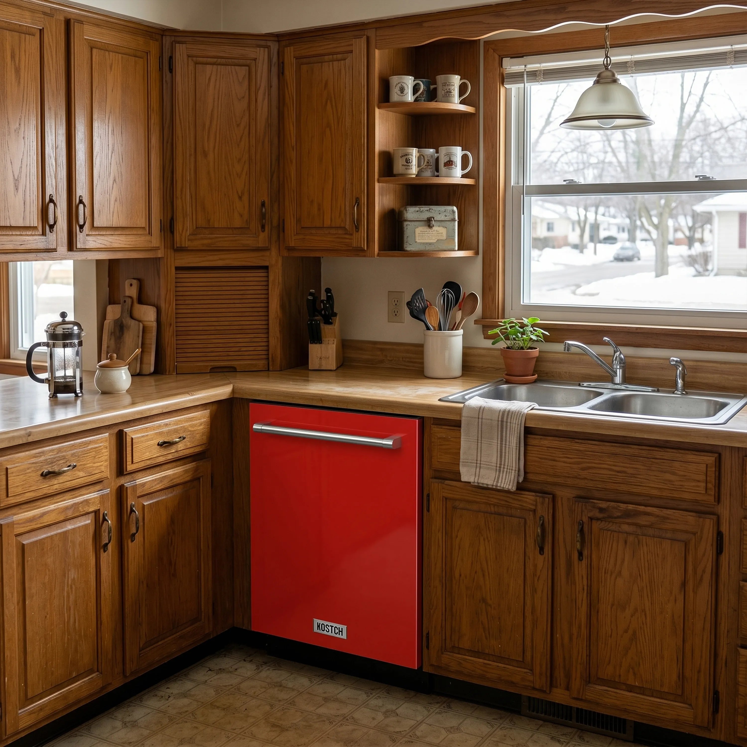Kostch red built-in dishwasher installed in a kitchen under counter